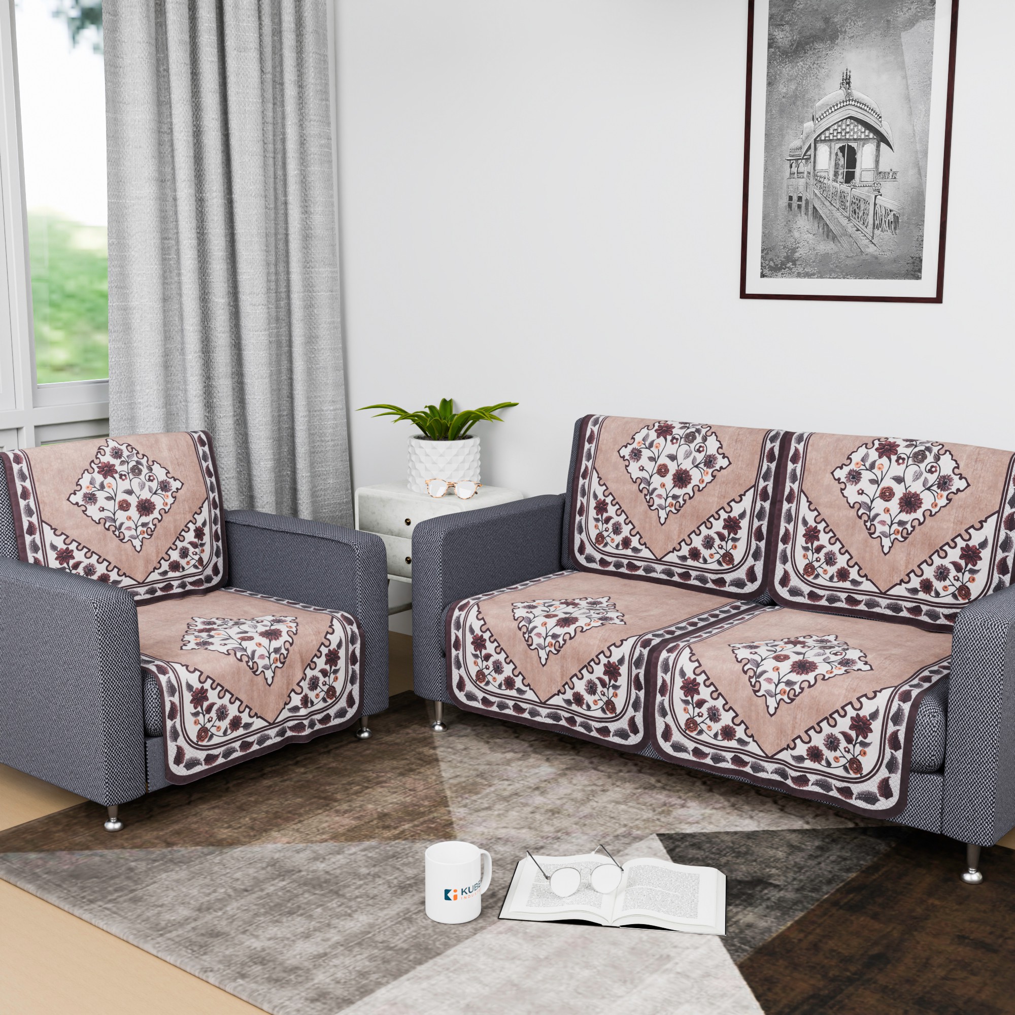 Kuber Industries Sofa Cover  Net Single Seater Sofa Slip Cover Set  Couch Sofa Cover Set  Sofa Cover for Home  Sofa Cover for Living Room  Flower Digital Triangle Border Print-753  Brown