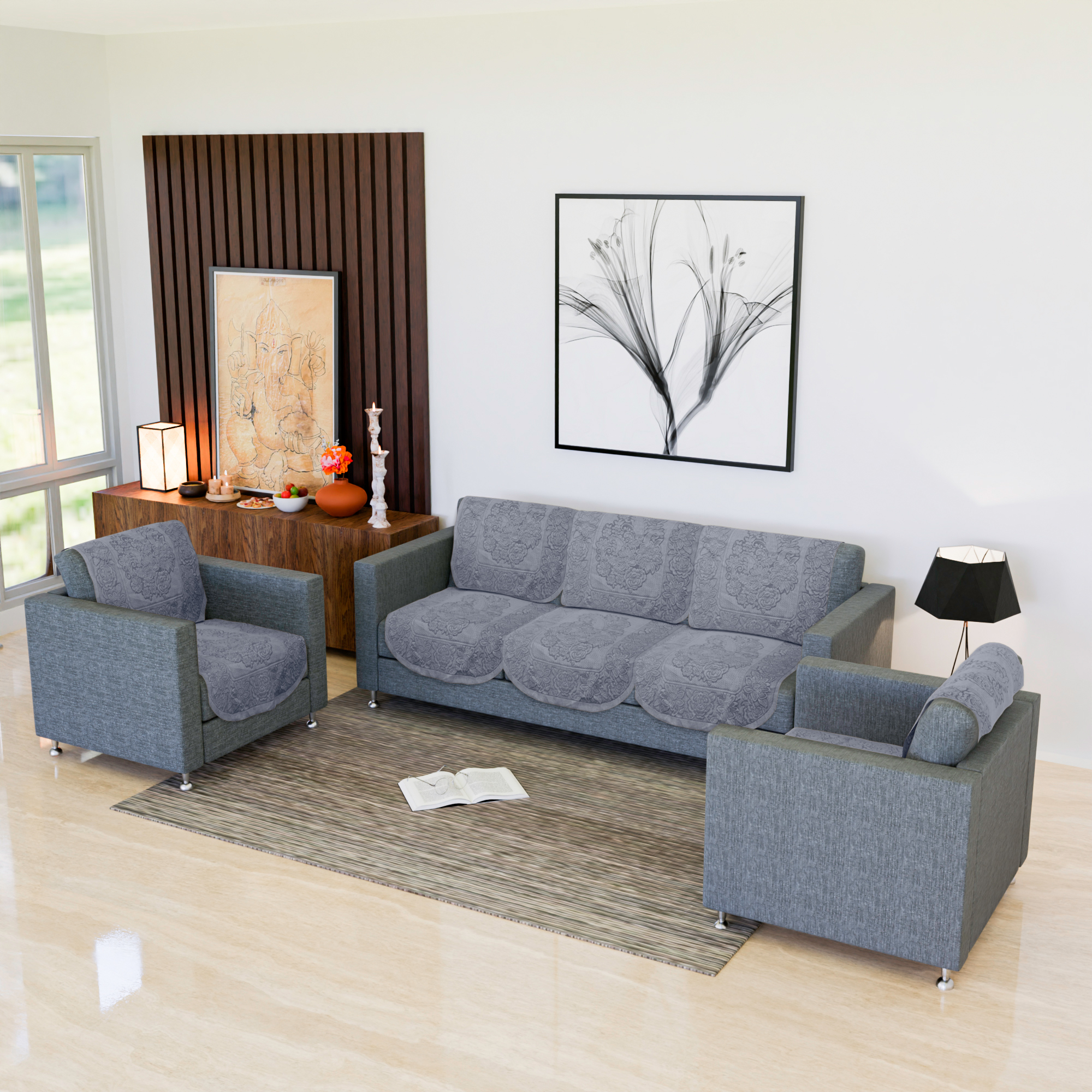 Kuber Industries Sofa Cover  Net Single Seater Sofa Slip Cover Set  Couch Sofa Cover Set  Sofa Cover for Home  Sofa Slipcover Set  Sofa Cover for Living Room  Sun-Shine Print  Grey