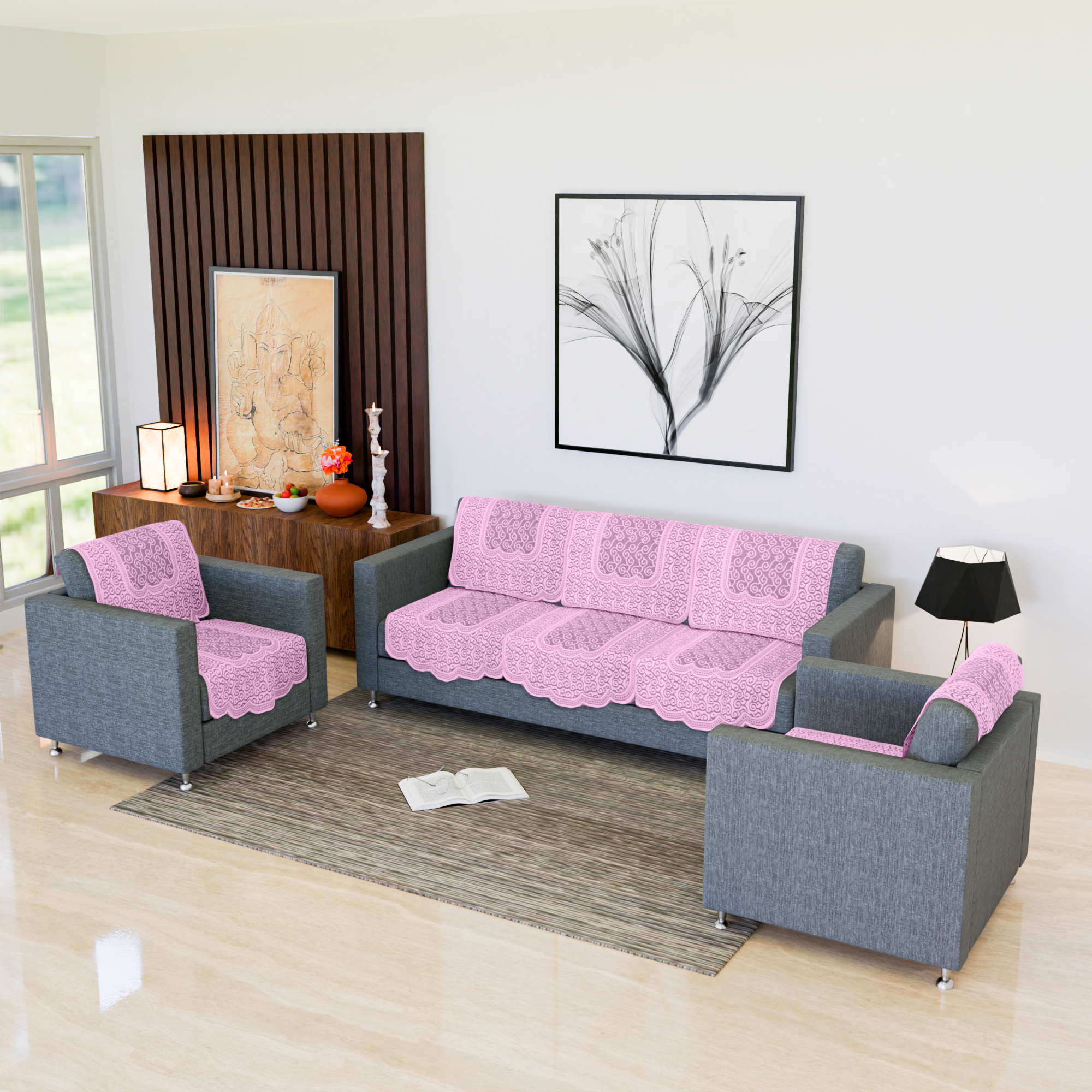 Kuber Industries Sofa Cover  Net  Sofa Slip Cover Set  Couch Sofa Cover Set  Sofa Cover for Home  Sofa Slipcover Set  Sofa Cover for Living Room  Zig Zag Printed  Pink