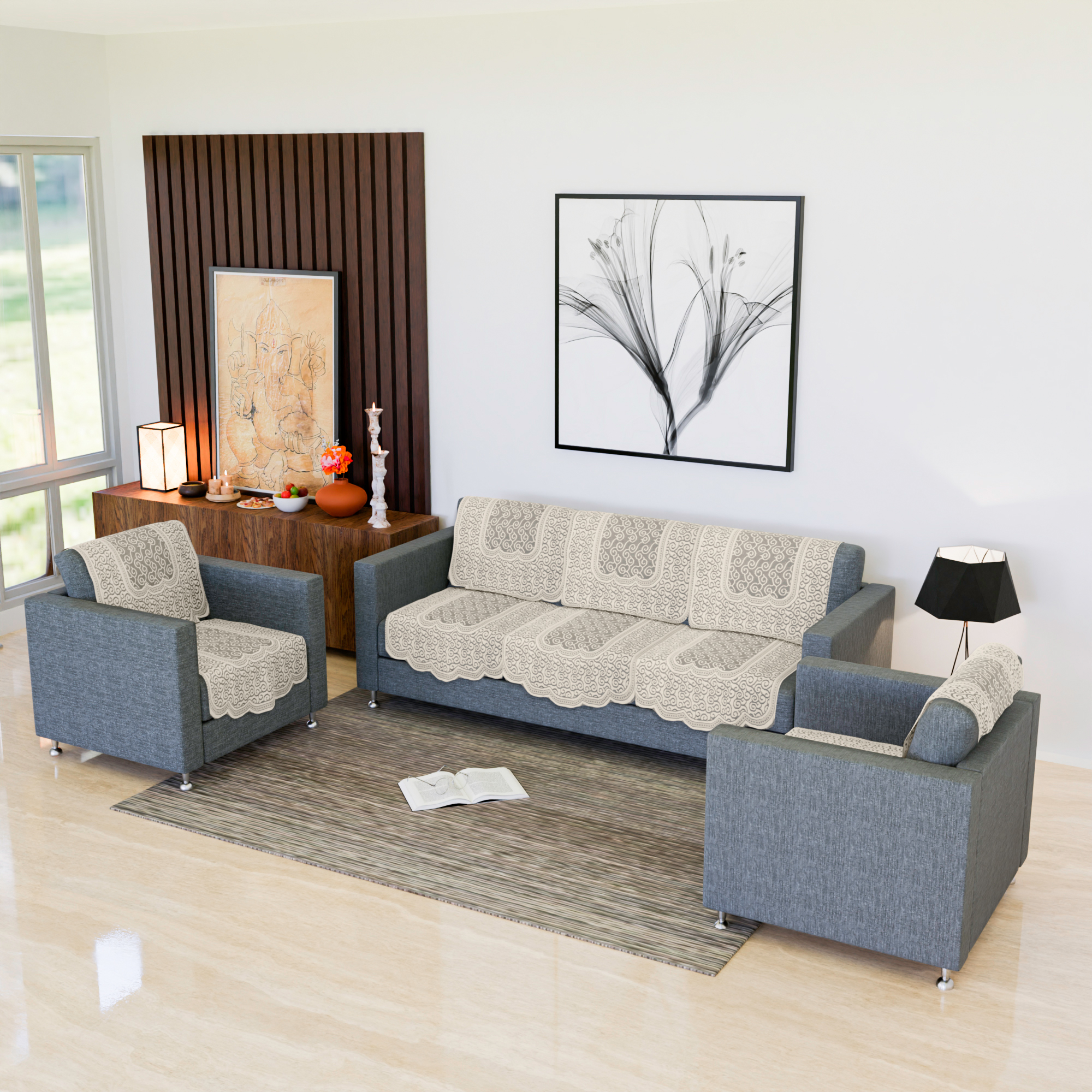Kuber Industries Sofa Cover  Net  Sofa Slip Cover Set  Couch Sofa Cover Set  Sofa Cover for Home  Sofa Slipcover Set  Sofa Cover for Living Room  Zig Zag Printed  Cream