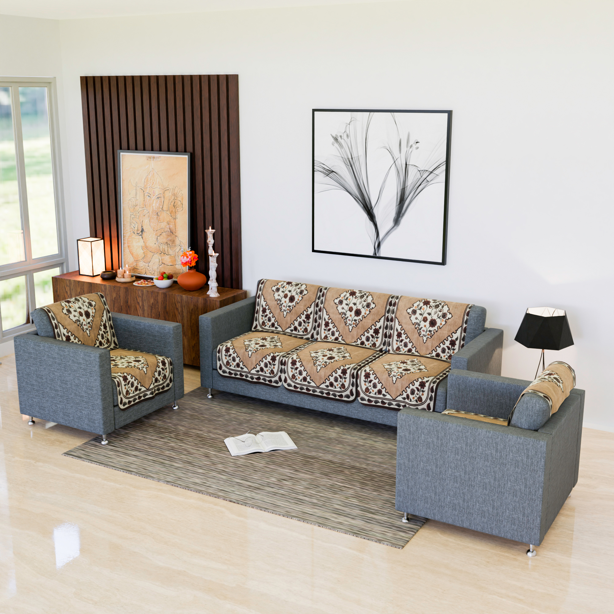Kuber Industries Sofa Cover  Net Single Seater Sofa Slip Cover Set  Couch Sofa Cover Set  Sofa Cover for Home  Sofa Cover for Living Room  Flower Digital Triangle Border Print-753  Brown