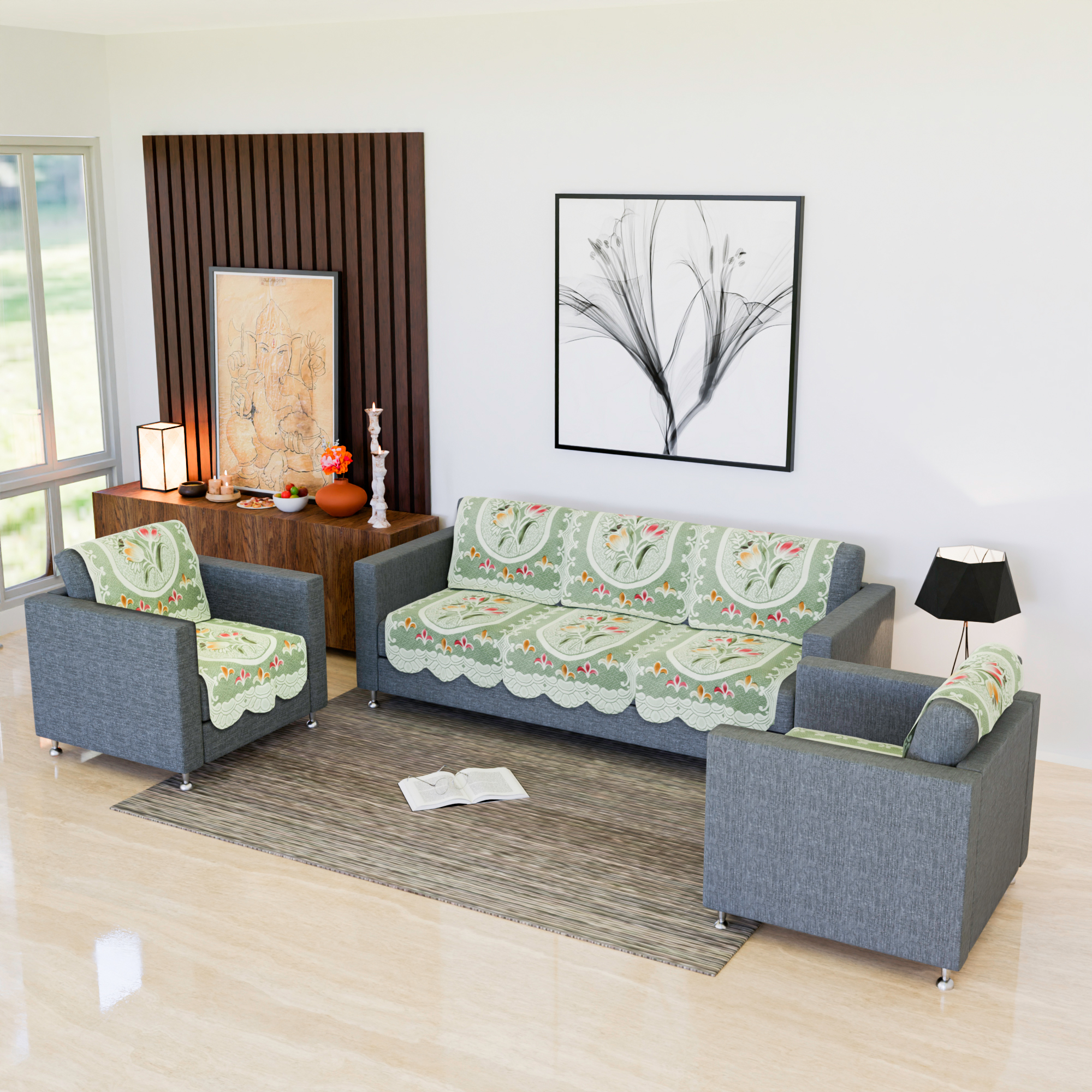 Kuber Industries Sofa Cover  Net  Sofa Slip Cover Set  Couch Sofa Cover Set  Sofa Cover for Home  Sofa Slipcover Set  Sofa Cover for Living Room  Tulip Printed  Green
