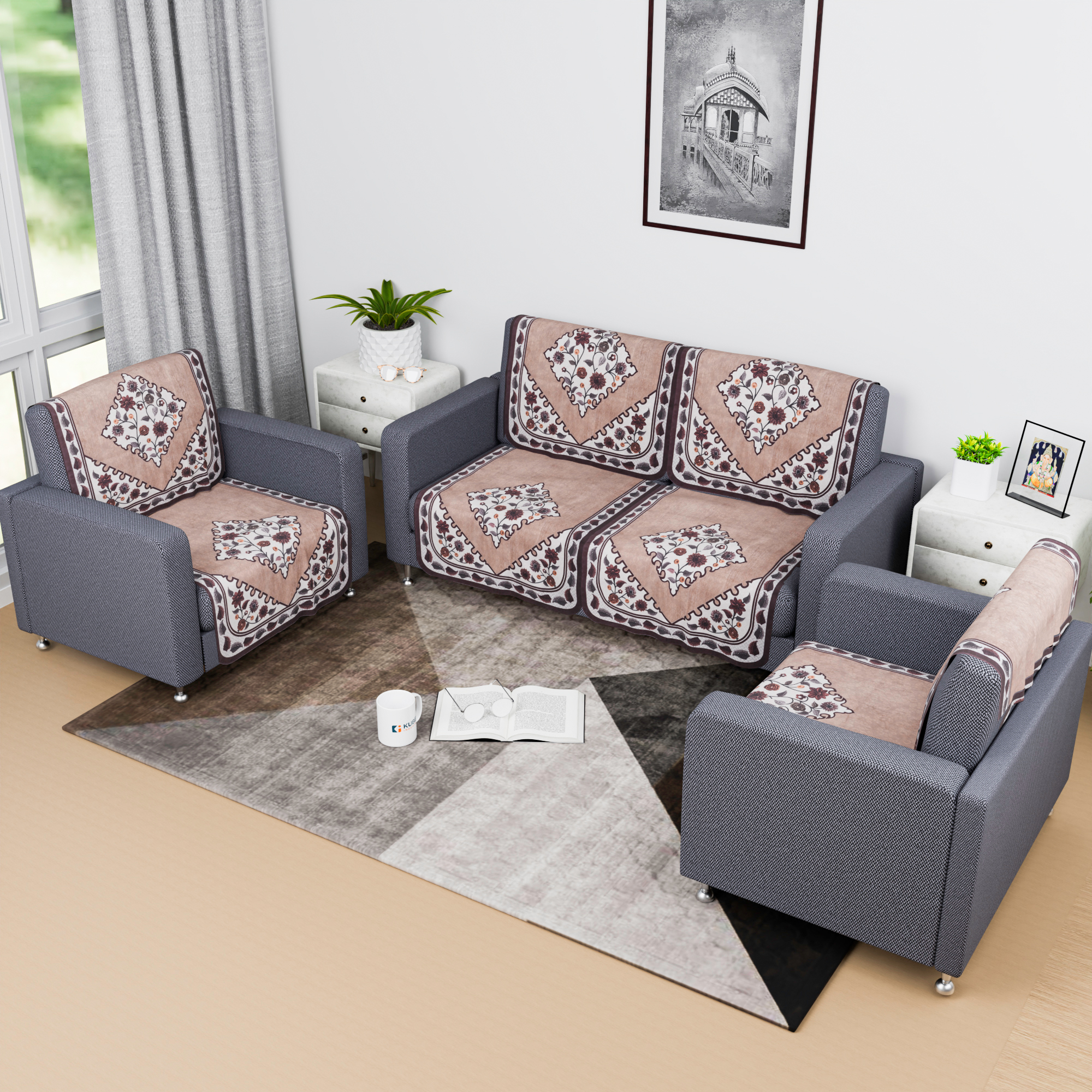 Kuber Industries Sofa Cover  Net Single Seater Sofa Slip Cover Set  Couch Sofa Cover Set  Sofa Cover for Home  Sofa Cover for Living Room  Flower Digital Triangle Border Print-753  Brown