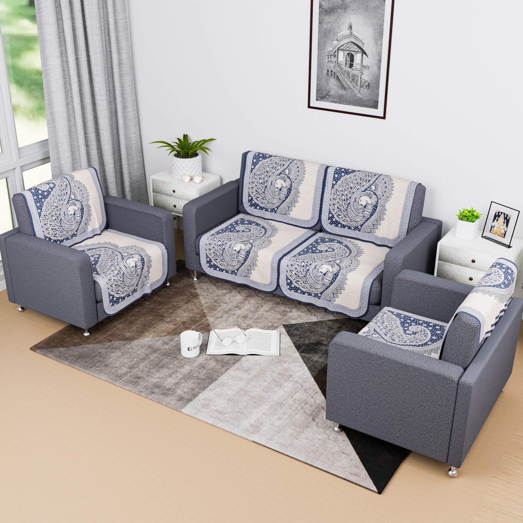 Kuber Industries Sofa Cover  Net Single Seater Sofa Slip Cover Set  Couch Sofa Cover Set  Sofa Cover for Home  Sofa Slipcover Set  Sofa Cover for Living Room  Mor Digital-837  Blue