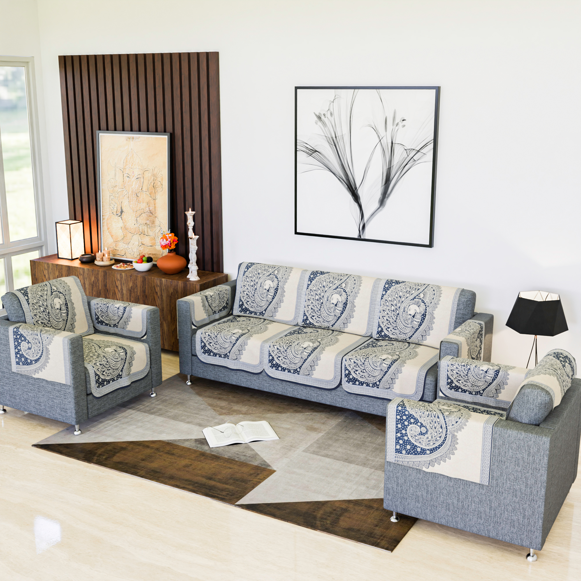 Kuber Industries Sofa Cover  Net Single Seater Sofa Slip Cover Set  Couch Sofa Cover Set  Sofa Cover for Home  Sofa Slipcover Set  Sofa Cover for Living Room  Mor Digital-837  Blue