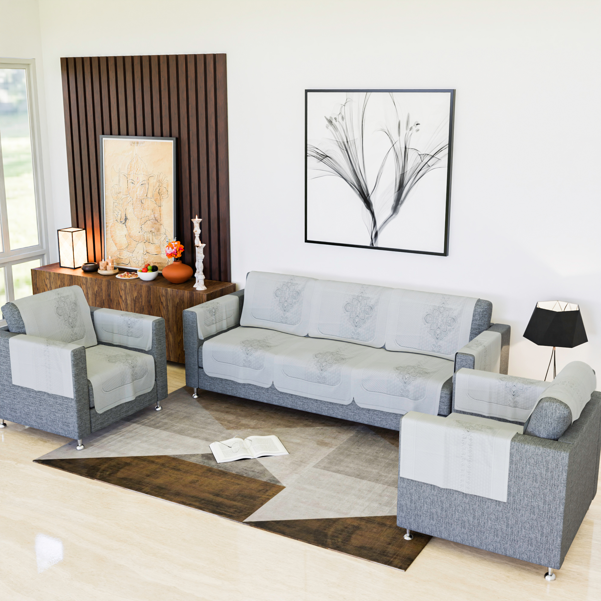Kuber Industries Sofa Cover  Net  Sofa Slip Cover Set  Couch Sofa Cover Set  Sofa Cover for Home  Sofa Slipcover Set  Sofa Cover for Living Room  Plain Maple Flower Print  Off White