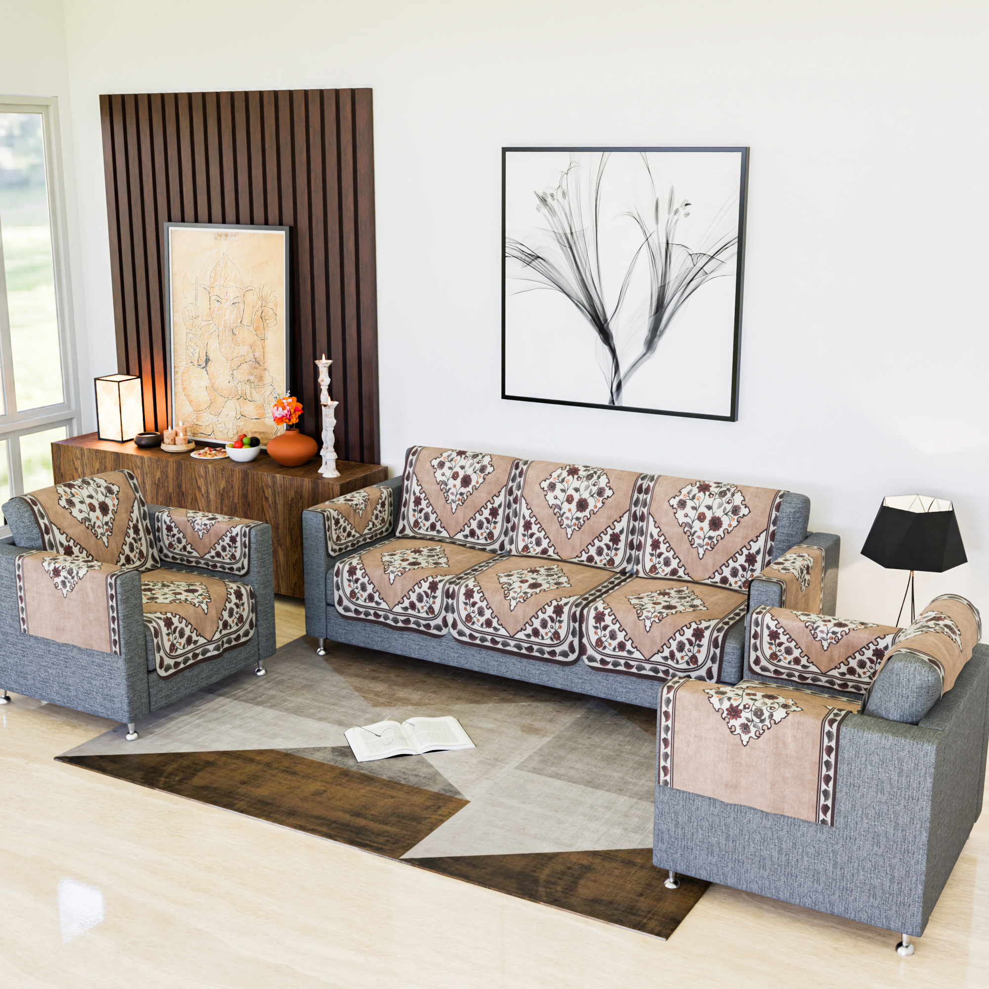 Kuber Industries Sofa Cover  Net Single Seater Sofa Slip Cover Set  Couch Sofa Cover Set  Sofa Cover for Home  Sofa Cover for Living Room  Flower Digital Triangle Border Print-753  Brown