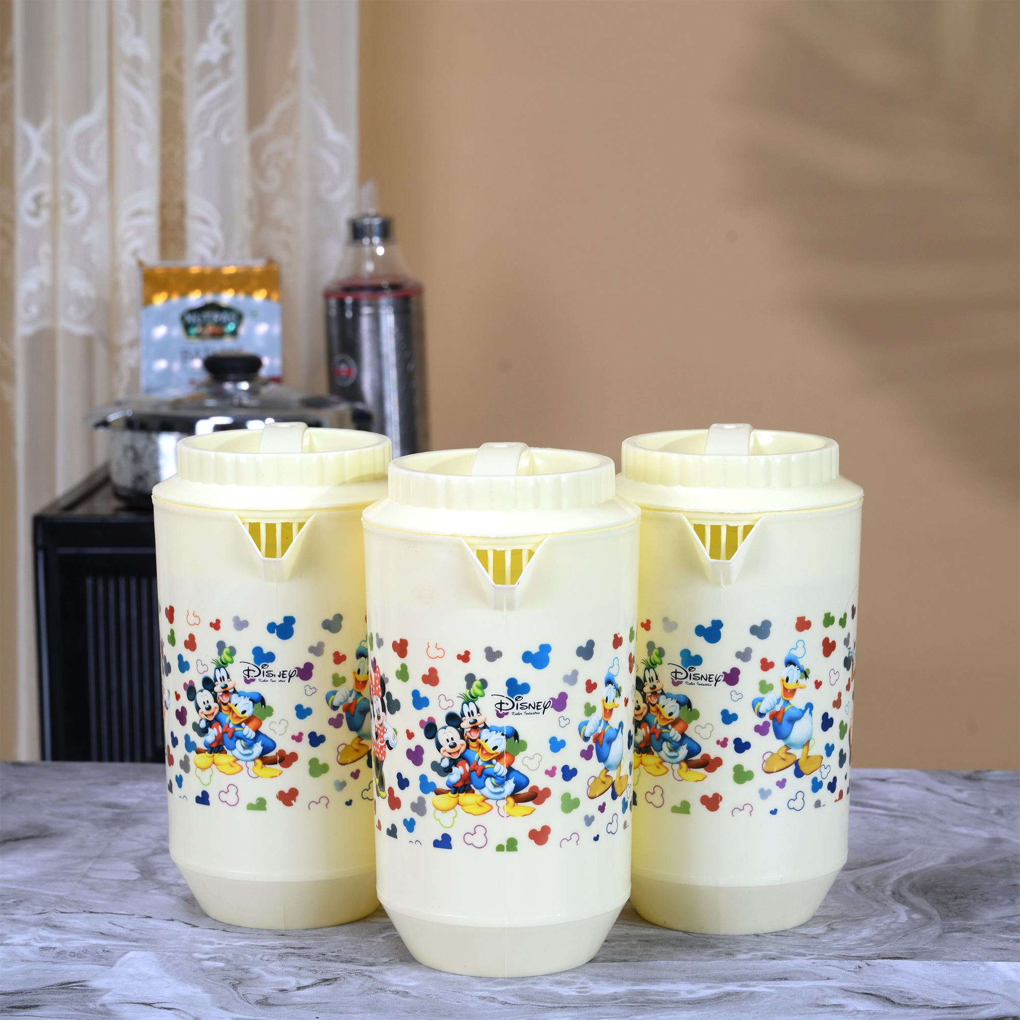 Kuber Industries  Pack of 2  Water Jug  2 LTR  Plastic Jug for Water  Disney Team  Water Dispenser  Juice Jug for Dining Table  Water Jug for Hotels  Restaurants  BPA-Free  Cream