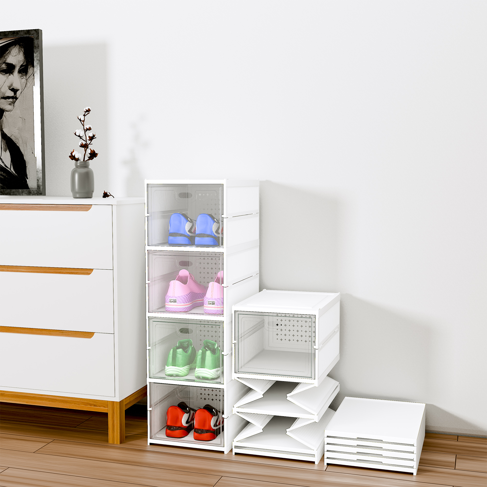Kuber Industries Shoe Rack 6-Layer Foldable Sneakers Box  Storage Organizer for Shoe Slippers  Books  Storage Rack for Living Room  Multipurpose Cabinet Organizer  White