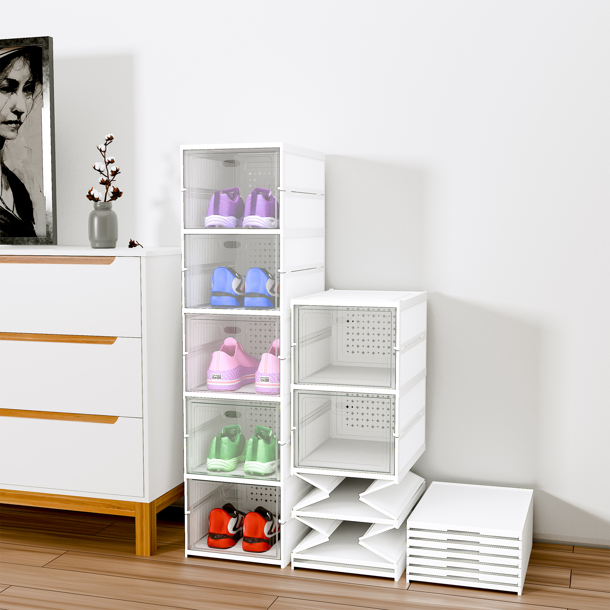 Kuber Industries Shoe Rack 6-Layer Foldable Sneakers Box  Storage Organizer for Shoe Slippers  Books  Storage Rack for Living Room  Multipurpose Cabinet Organizer  White