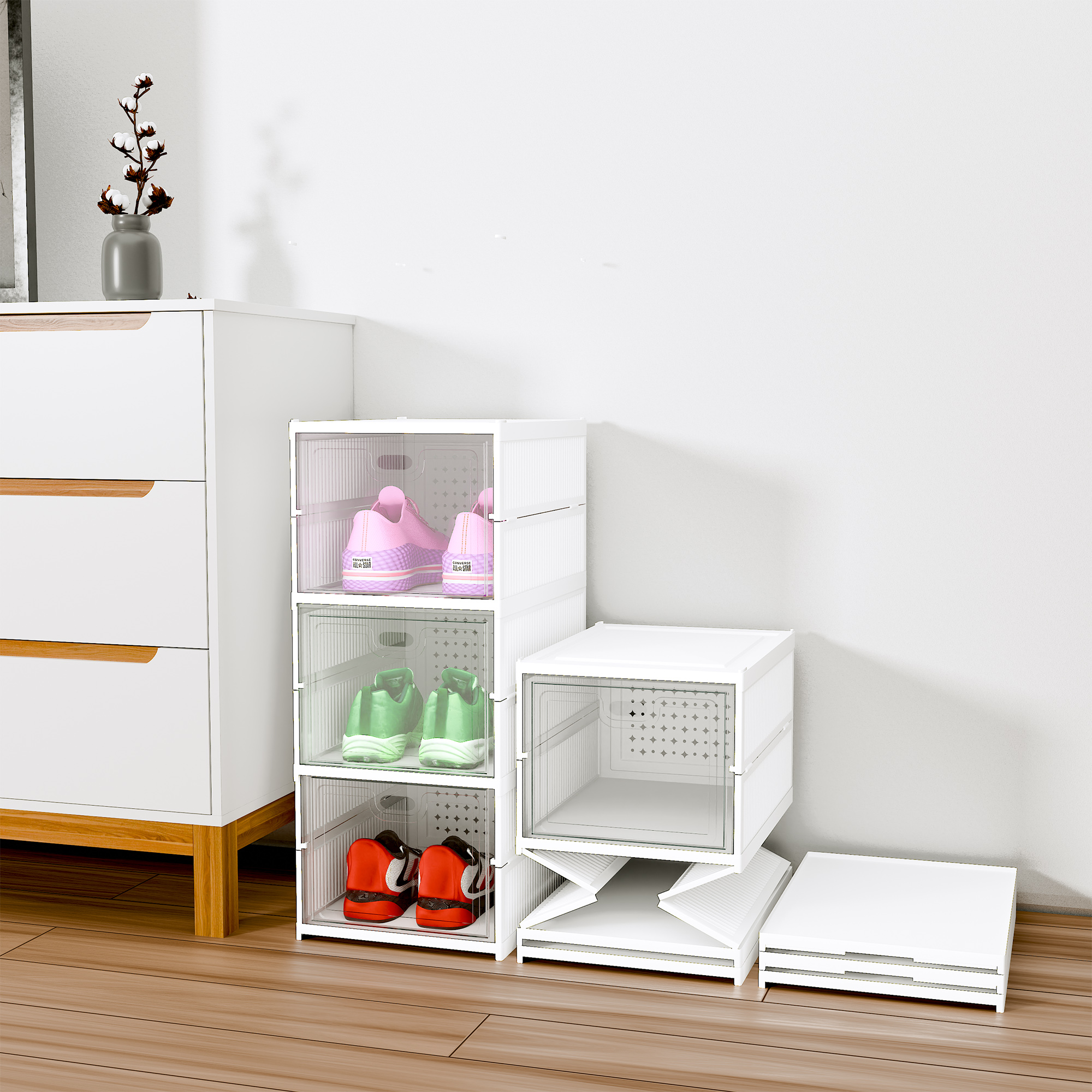 Kuber Industries Shoe Rack 6-Layer Foldable Sneakers Box  Storage Organizer for Shoe Slippers  Books  Storage Rack for Living Room  Multipurpose Cabinet Organizer  White