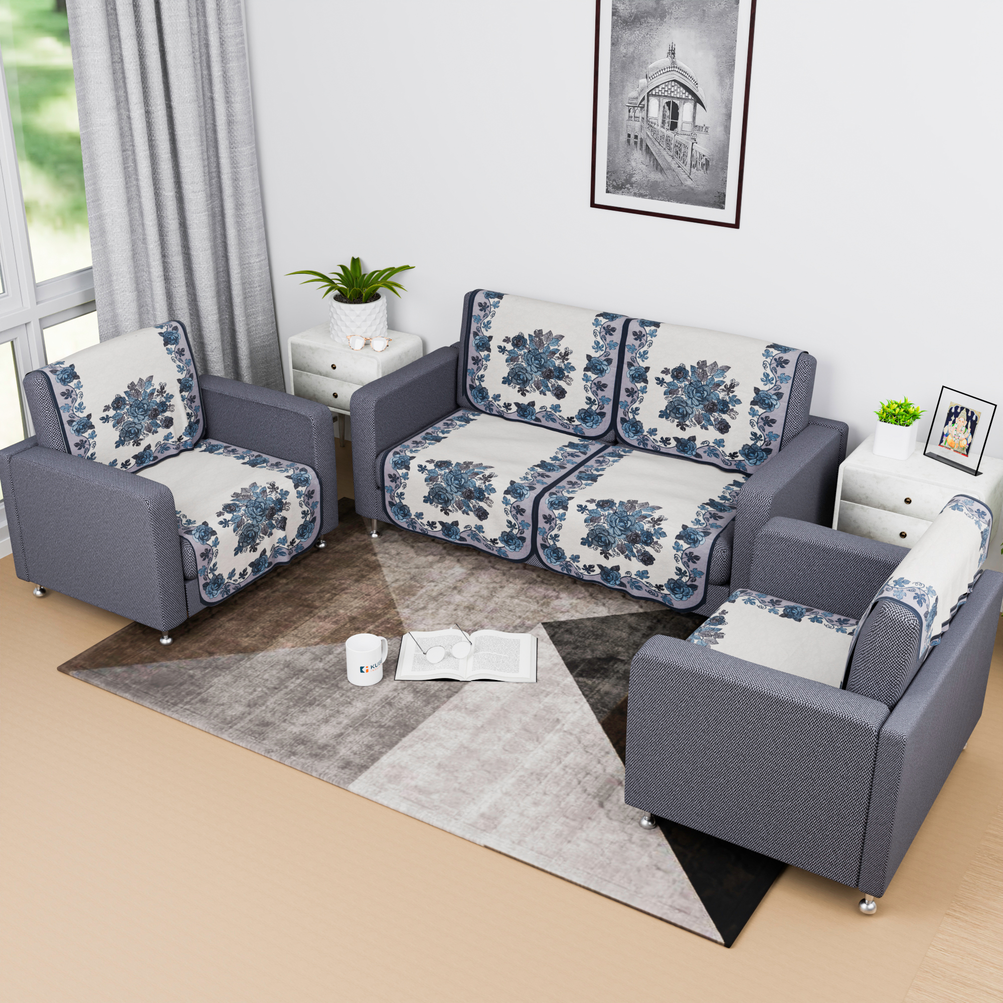 Kuber Industries Sofa Cover  Single Seater Sofa Cover  24x36 Inch  Net Sofa Slipcover  Couch Cover  Sofa Cover for Living Room  Blaze-Rose Digital Embroidery Print-640  Large  Blue