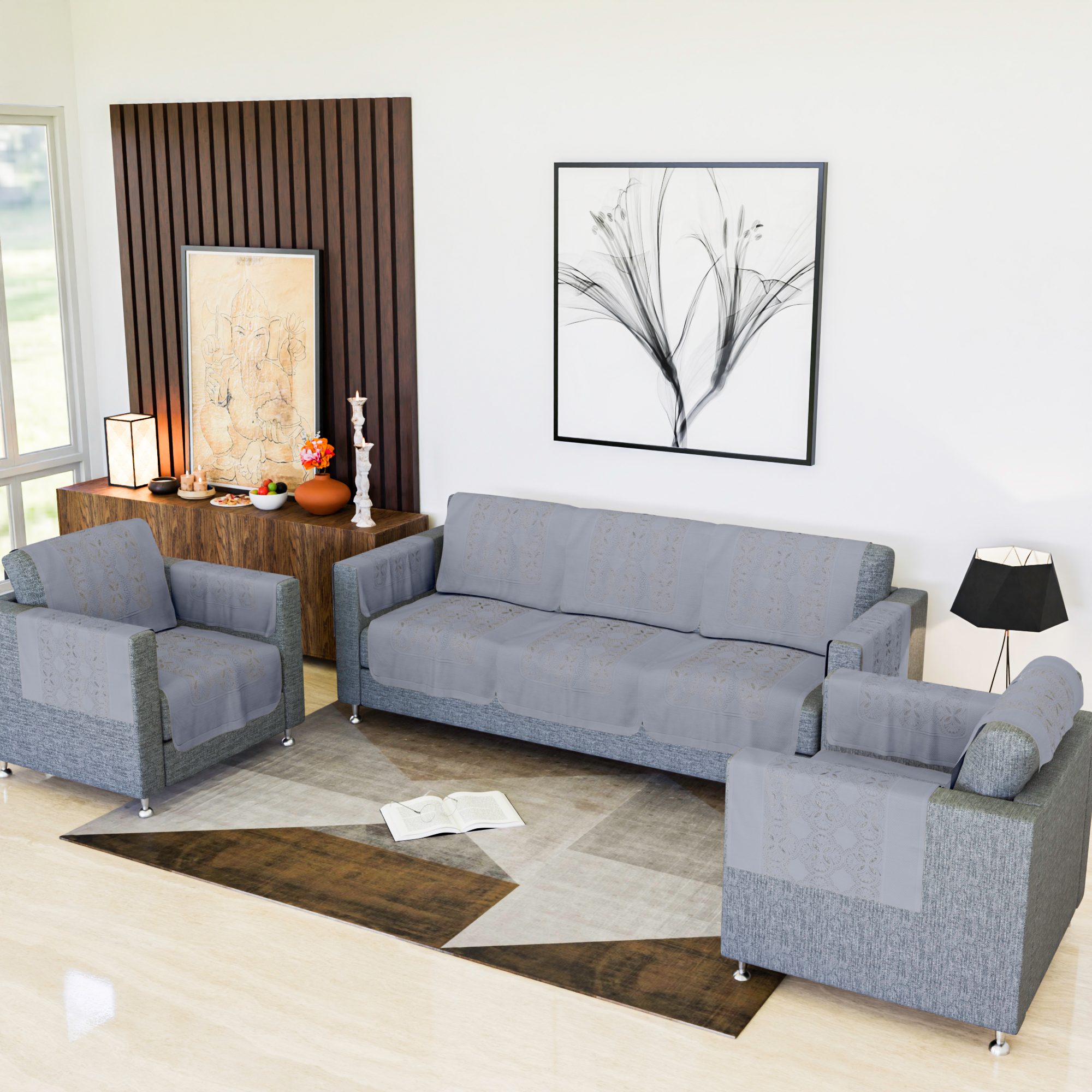 Kuber Industries Sofa Cover  Single Seater Sofa Cover  Net Sofa Slipcover Set  Couch Sofa Cover for Hall  Sofa Cover Set  Sofa Cover for Living Room  Self Flower New Jersey  Grey