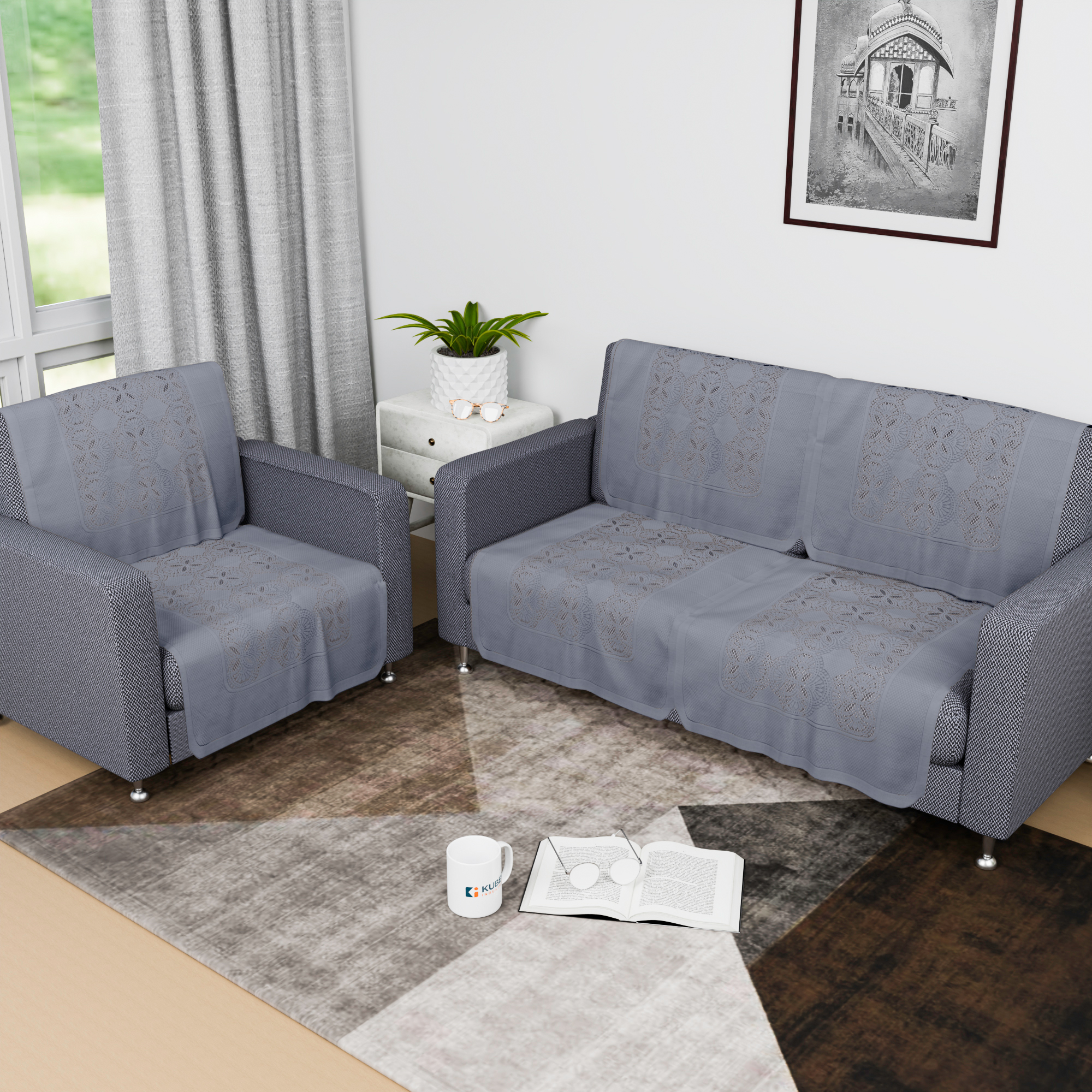 Kuber Industries Sofa Cover  Single Seater Sofa Cover  Net Sofa Slipcover Set  Couch Sofa Cover for Hall  Sofa Cover Set  Sofa Cover for Living Room  Self Flower New Jersey  Grey