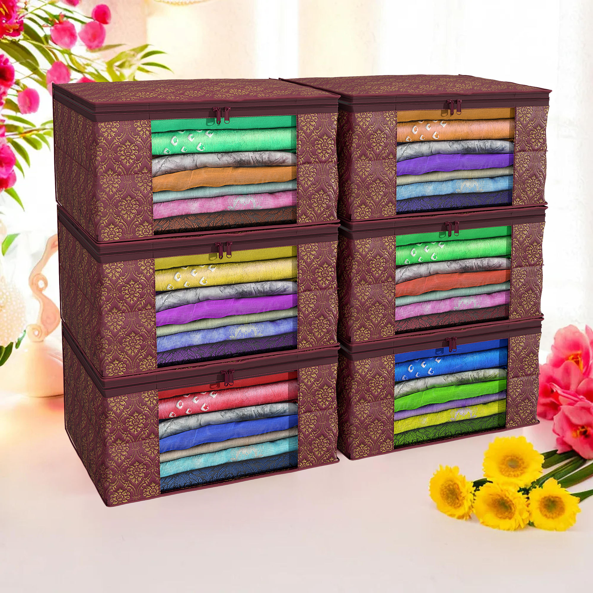 Kuber Industries Pack of 4 Saree Covers  Non-Woven Saree Bags 9 Inch Clothes Bag for Women  Foldable Storage Bag for Almirah  Wardrobe Golden Print Sari Cover Bags  Maroon
