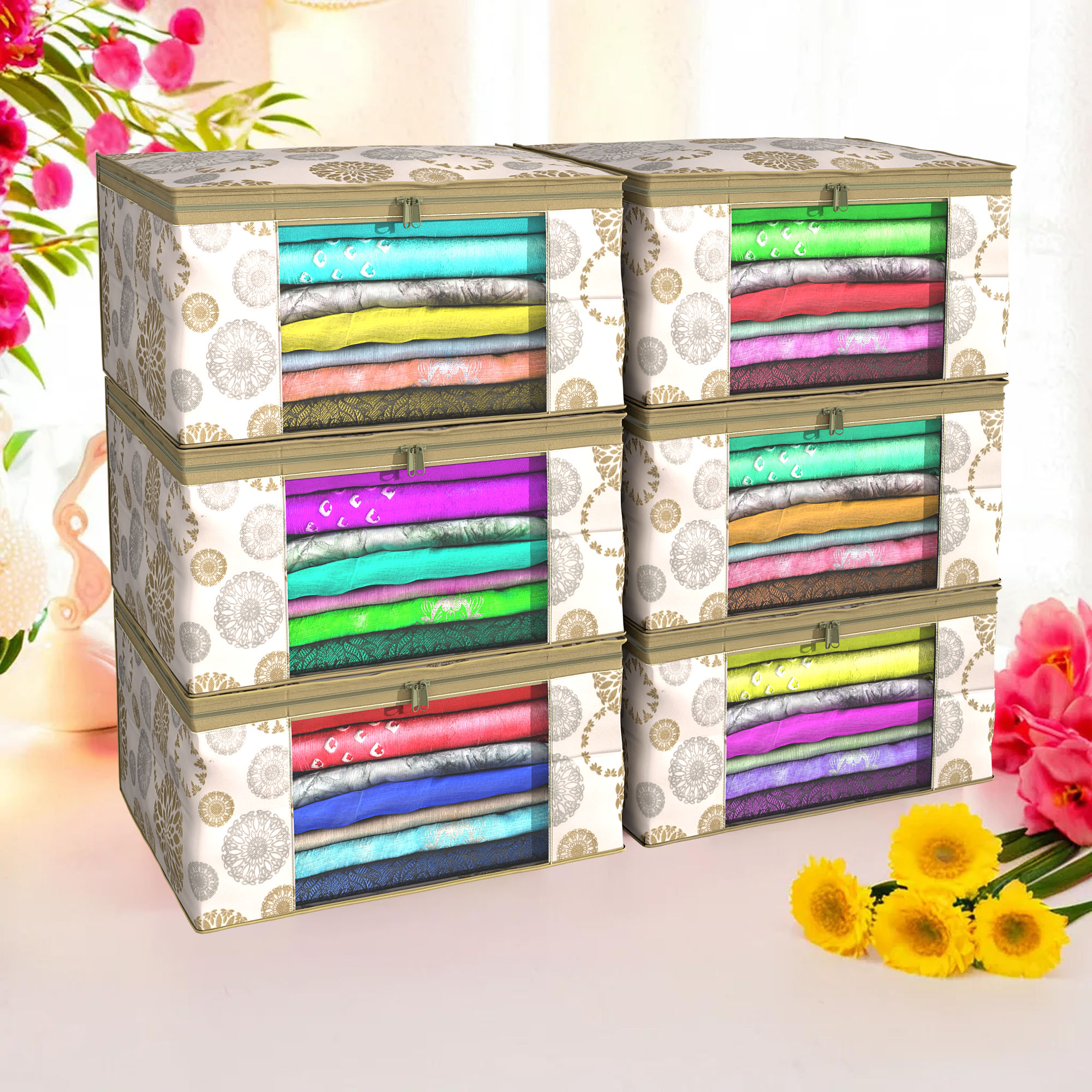 Kuber Industries Pack of 4 Saree Covers  Non-Woven Saree Bags 9 Inch Clothes Bag for Women  Foldable Storage Bag for Almirah  Wardrobe Gola-Printed Sari Cover Bags  White