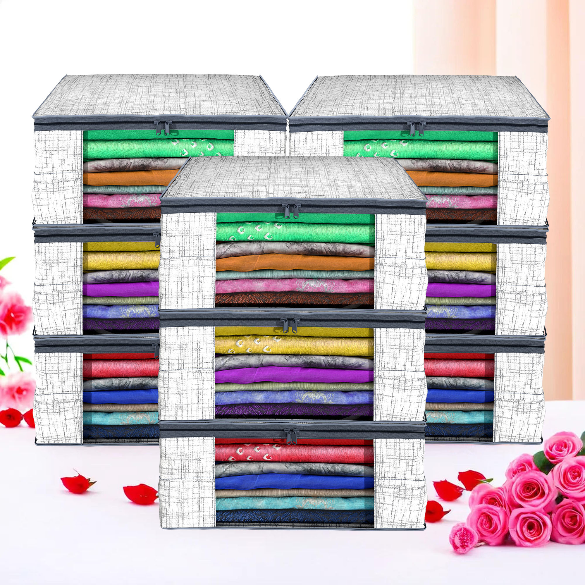Kuber Industries Pack of 4 Saree Covers  Non-Woven Saree Bags 9 Inch Clothes Bag for Women  Foldable Storage Bag for Almirah  Wardrobe Jute-Printed Sari Cover Bags  Grey