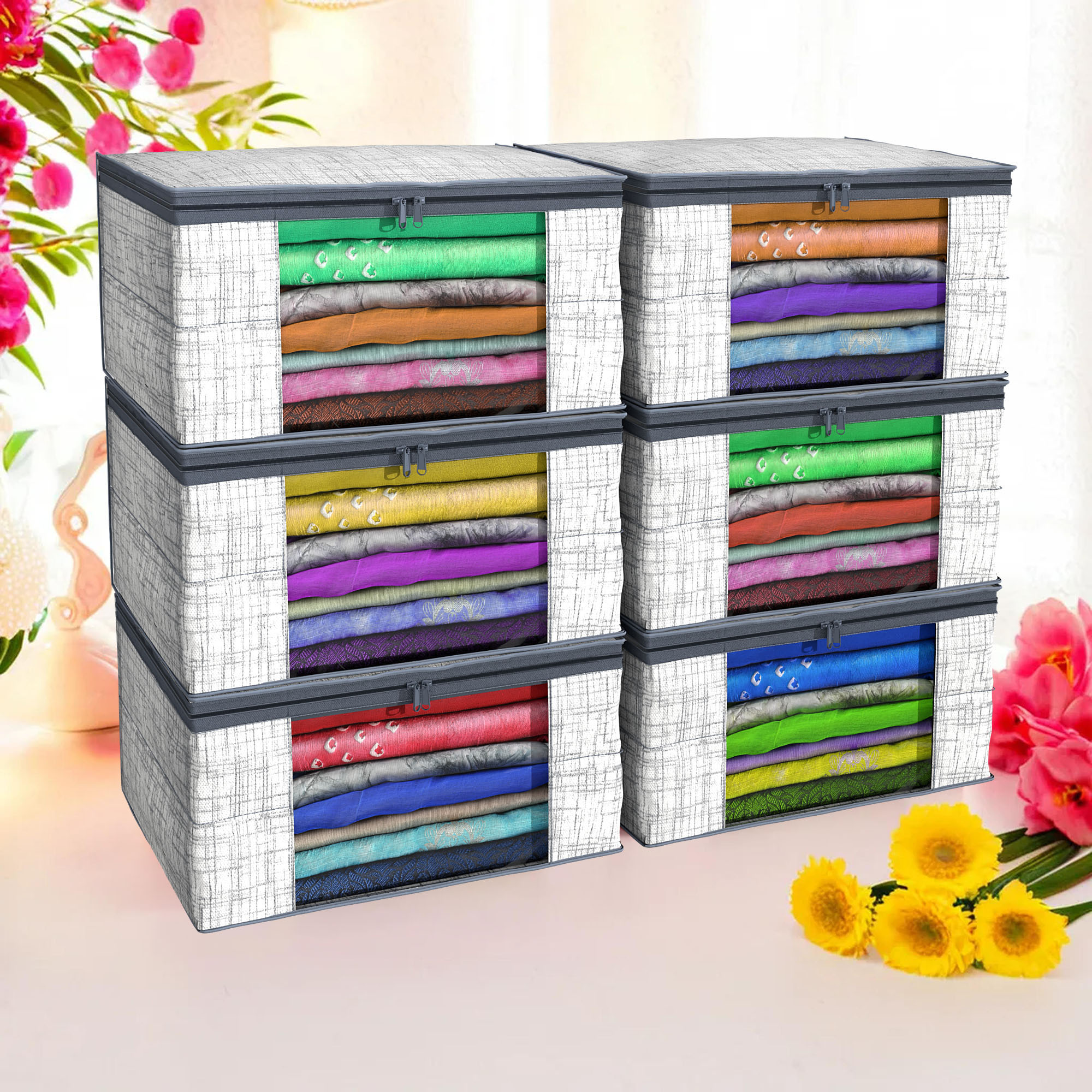 Kuber Industries Pack of 4 Saree Covers  Non-Woven Saree Bags 9 Inch Clothes Bag for Women  Foldable Storage Bag for Almirah  Wardrobe Jute-Printed Sari Cover Bags  Grey