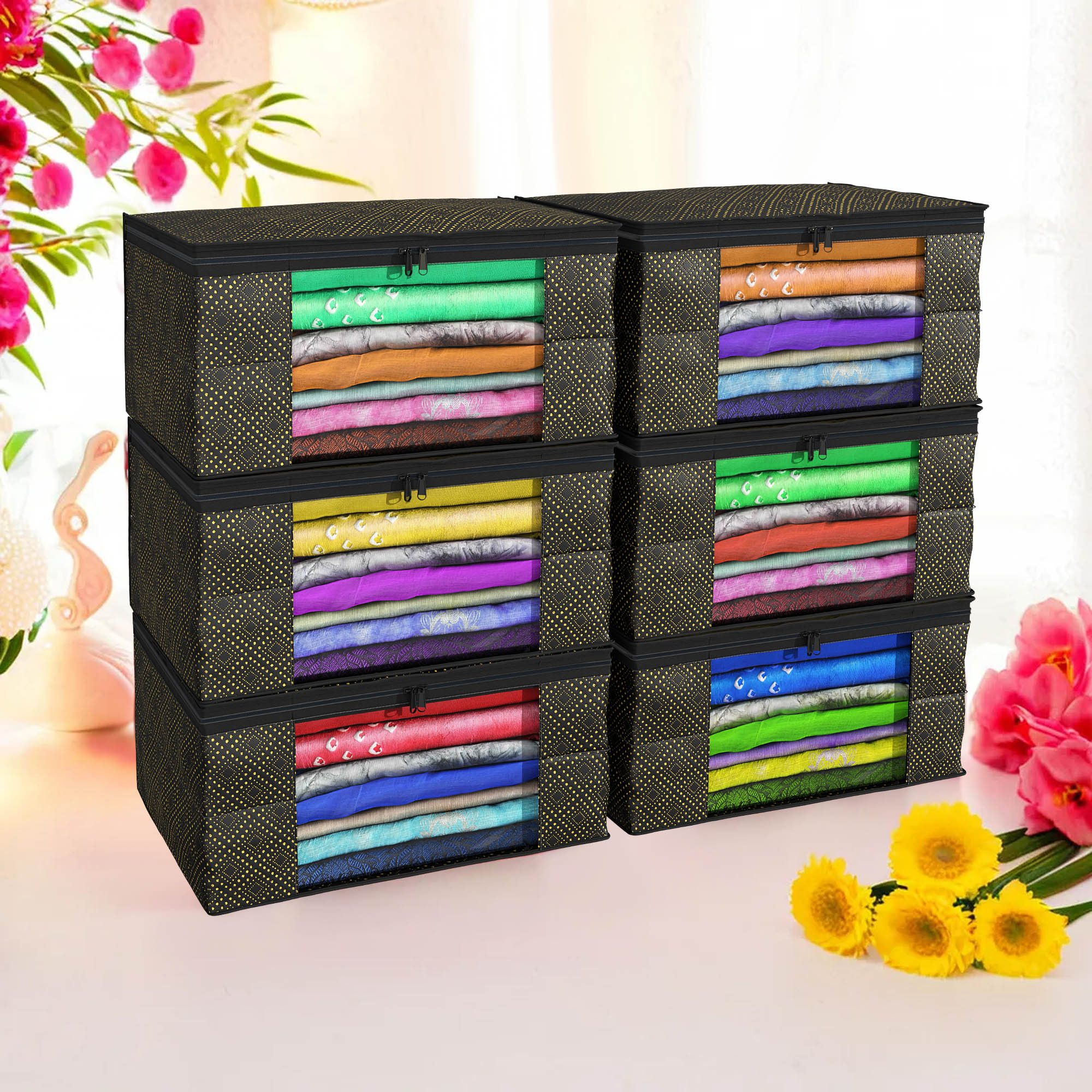 Kuber Industries Pack of 4 Saree Covers  Non-Woven Saree Bags 9 Inch Clothes Bag for Women  Foldable Storage Bag for Almirah  Wardrobe Golden Dot Sari Cover Bags  Black