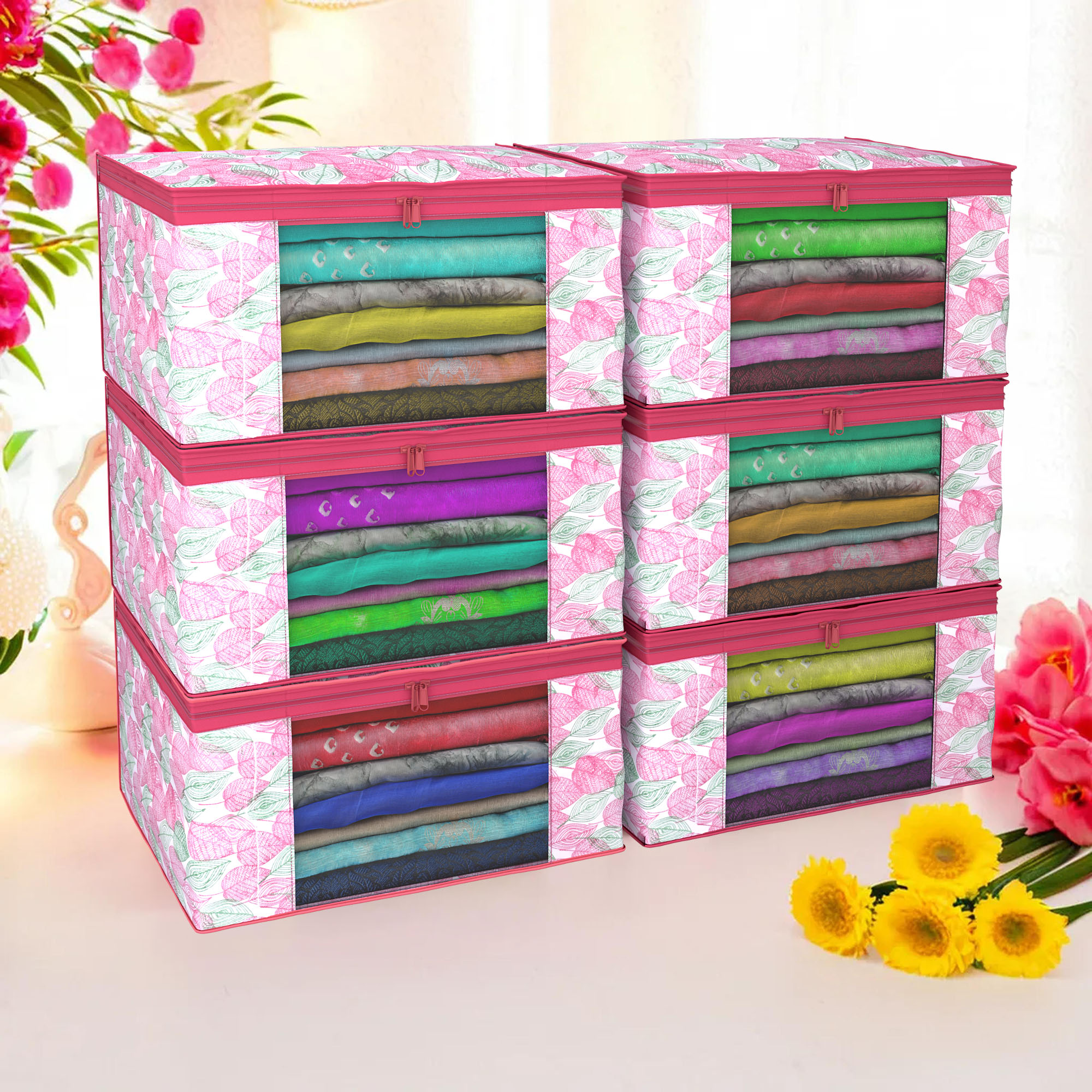 Kuber Industries Pack of 4 Saree Covers  Non-Woven Saree Bags 9 Inch Clothes Bag for Women  Foldable Storage Bag for Almirah  Wardrobe Patta Print Sari Cover Bags  Pink