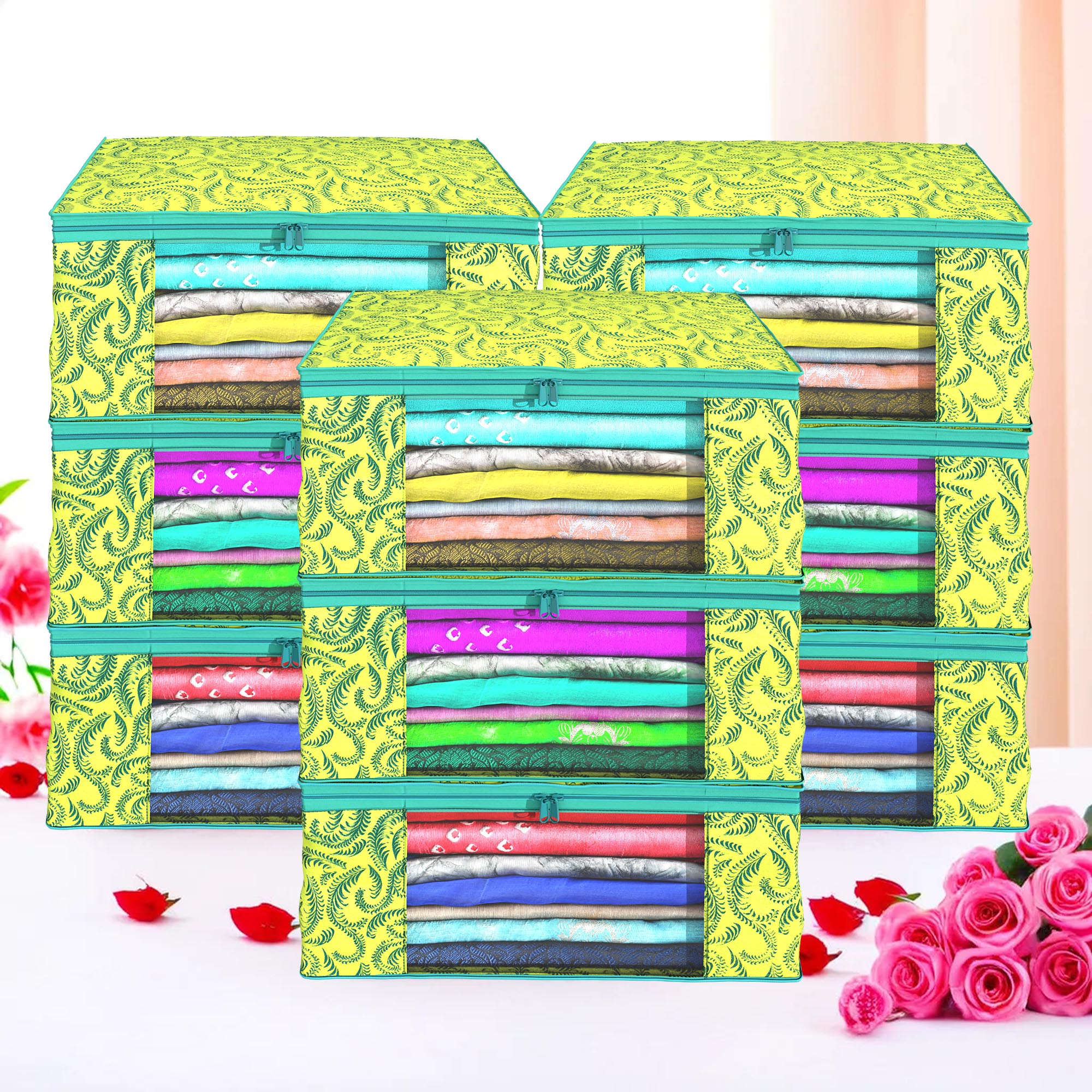 Kuber Industries Pack of 4 Saree Covers  Non-Woven Saree Bags 9 Inch Clothes Bag for Women  Foldable Storage Bag for Almirah  Wardrobe Leaf Printed Sari Cover Bags  Green