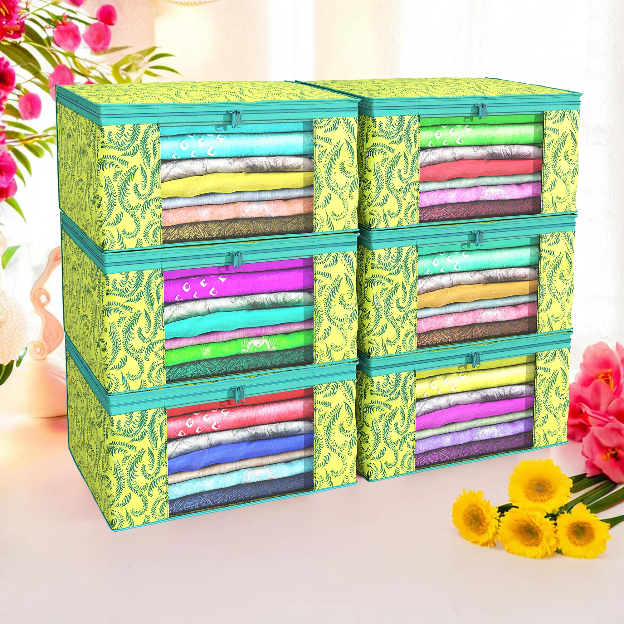Kuber Industries Pack of 4 Saree Covers  Non-Woven Saree Bags 9 Inch Clothes Bag for Women  Foldable Storage Bag for Almirah  Wardrobe Leaf Printed Sari Cover Bags  Green