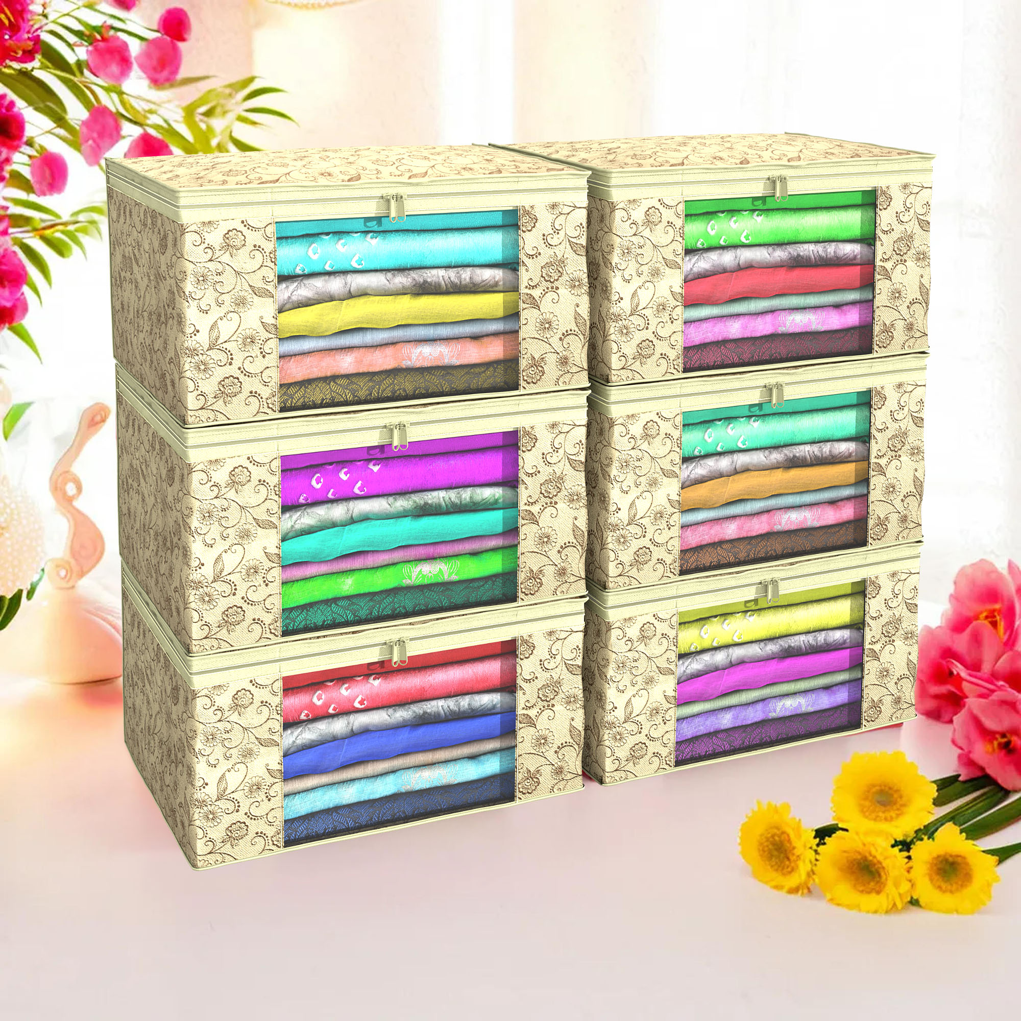 Kuber Industries Pack of 4 Saree Covers  Non-Woven Saree Bags 9 Inch Clothes Bag for Women  Foldable Storage Bag for Almirah  Wardrobe Leaf Printed Sari Cover Bags  Cream