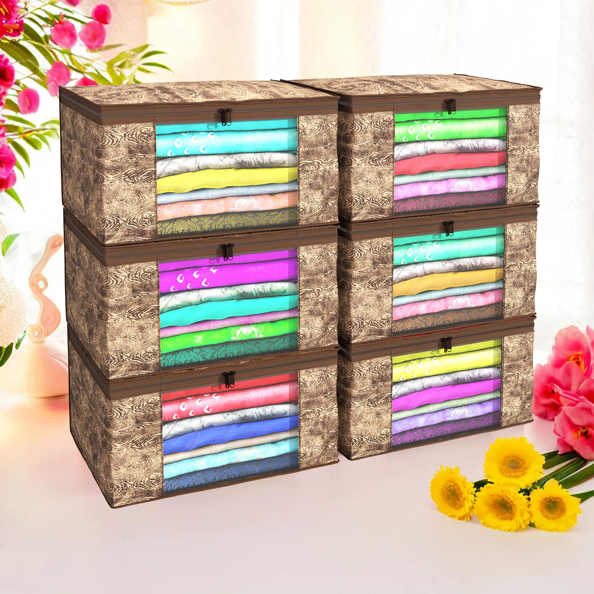 Kuber Industries Pack of 4 Saree Covers  Non-Woven Saree Bags 9 Inch Clothes Bag for Women  Foldable Storage Bag for Almirah  Wardrobe Wooden Print Sari Cover Bags  Brown