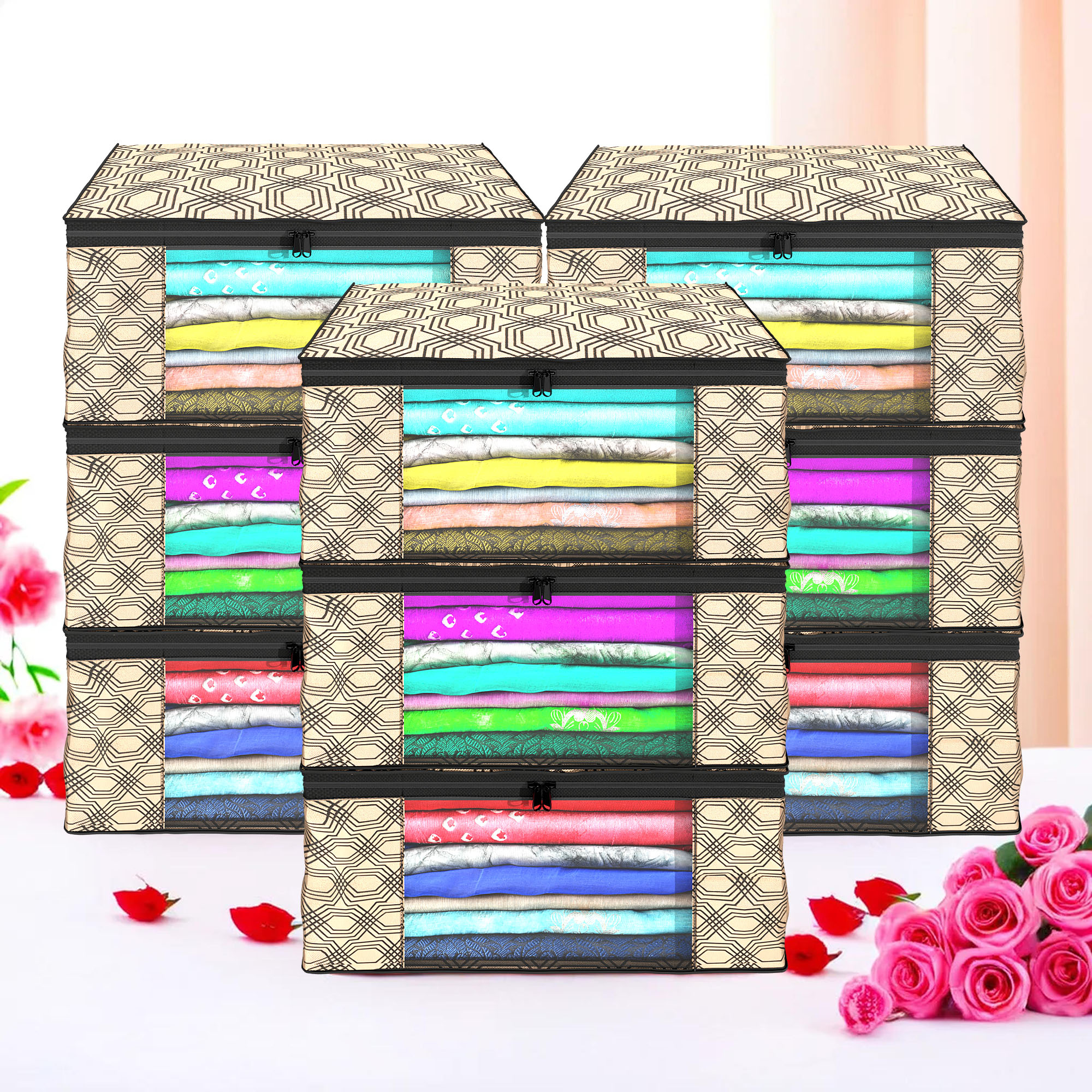 Kuber Industries Pack of 4 Saree Covers  Non-Woven Saree Bags 9 Inch Clothes Bag for Women  Foldable Storage Bag for Almirah  Wardrobe Check Print Sari Cover Bags  Coffee