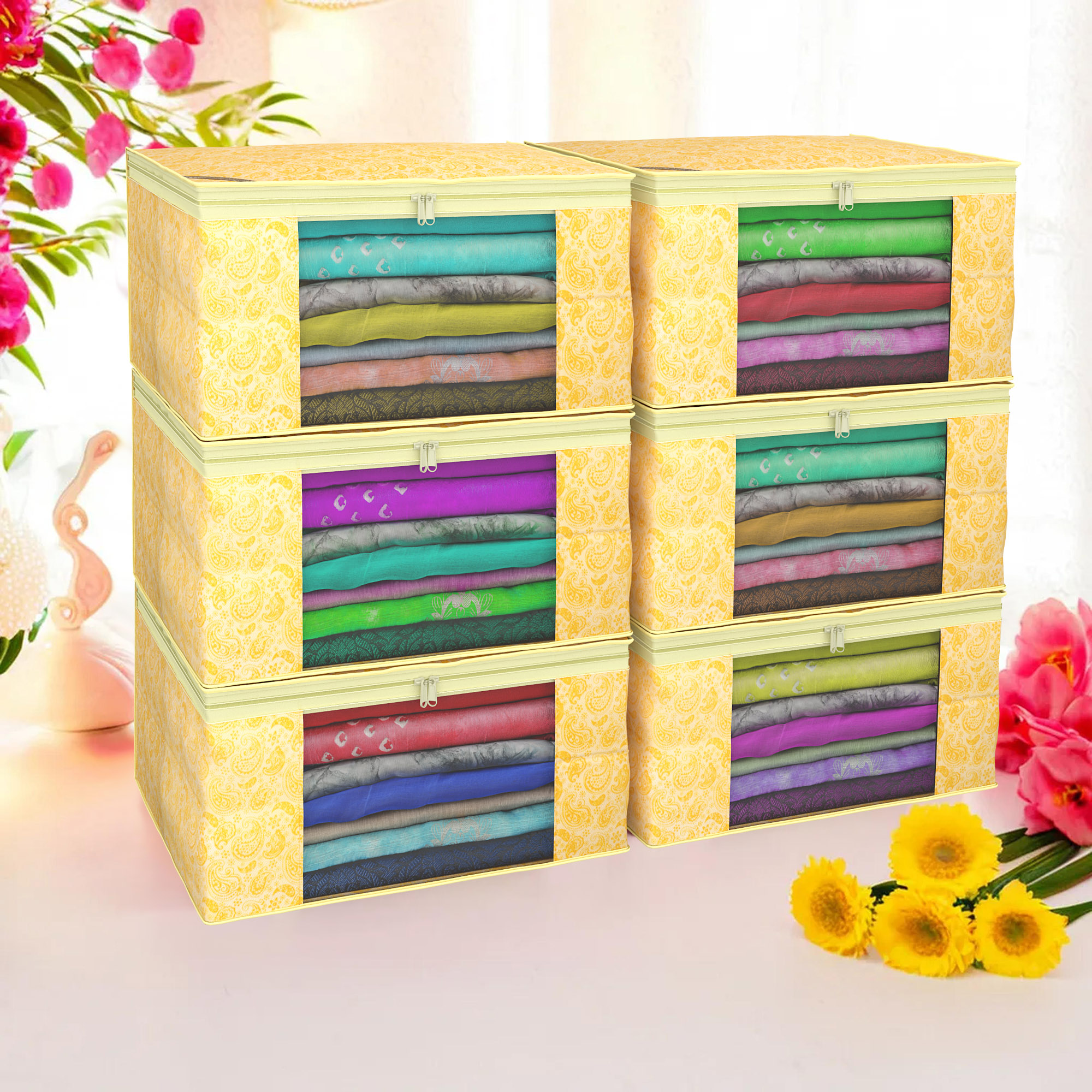 Kuber Industries Pack of 4 Saree Covers  Non-Woven Saree Bags 9 Inch Clothes Bag for Women  Foldable Storage Bag for Almirah  Wardrobe Carry Printed Sari Cover Bags  Yellow
