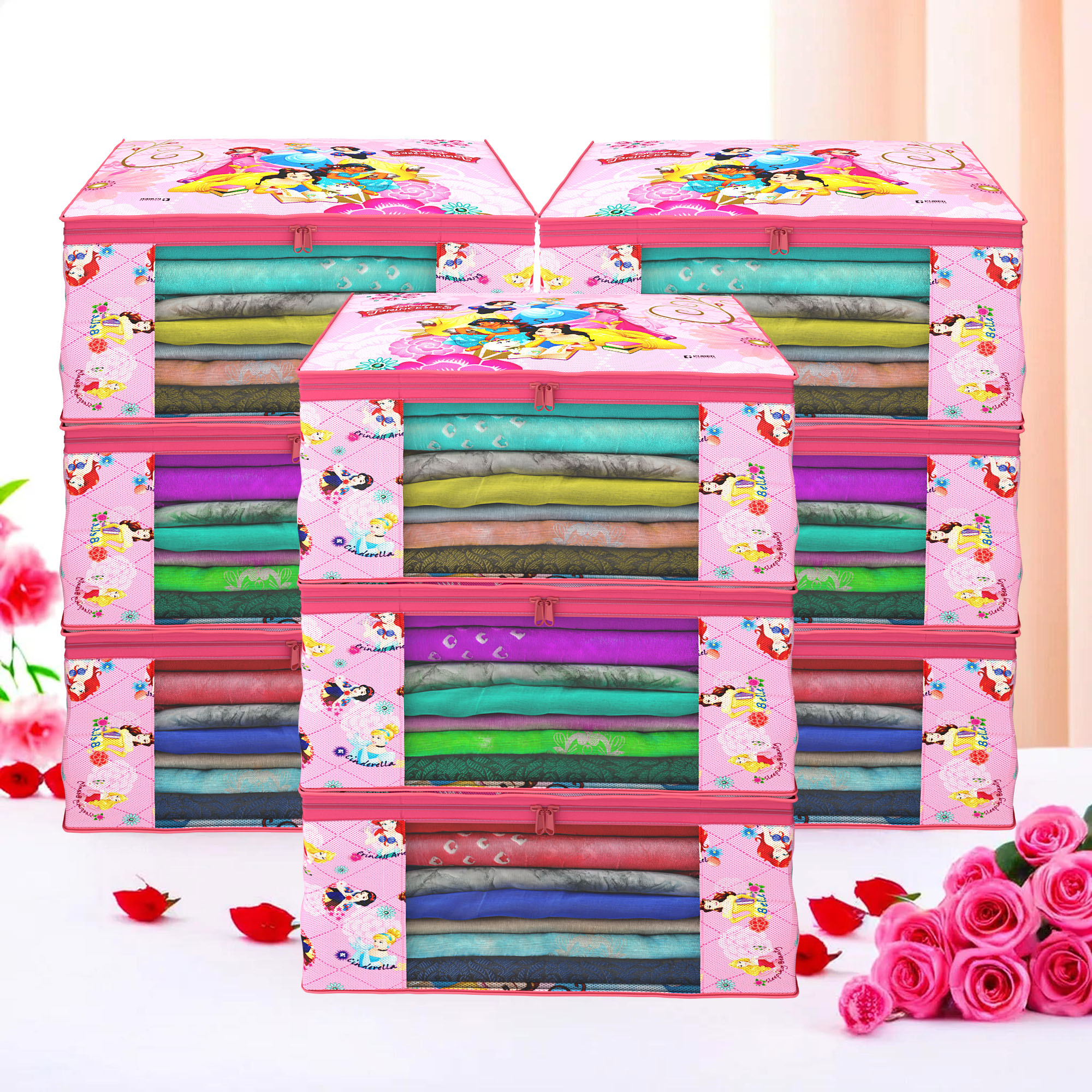 Kuber Industries Pack of 4 Saree Covers Disney Princess Non-Woven Saree Bags 9 Inch Clothes Bag for Women  Foldable Storage Bag for Almirah Wardrobe  Sari Cover Bags  Pink