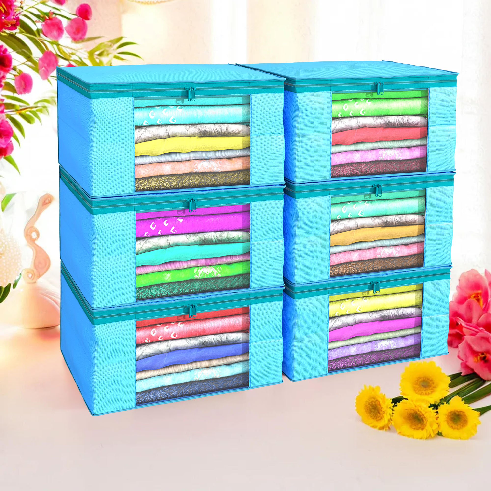 Kuber Industries Pack of 4 Saree Covers  Non-Woven Saree Bags 9 Inch Clothes Bag for Women  Foldable Storage Bag for Almirah  Wardrobe Organizer  Sari Cover Bags  Light Blue