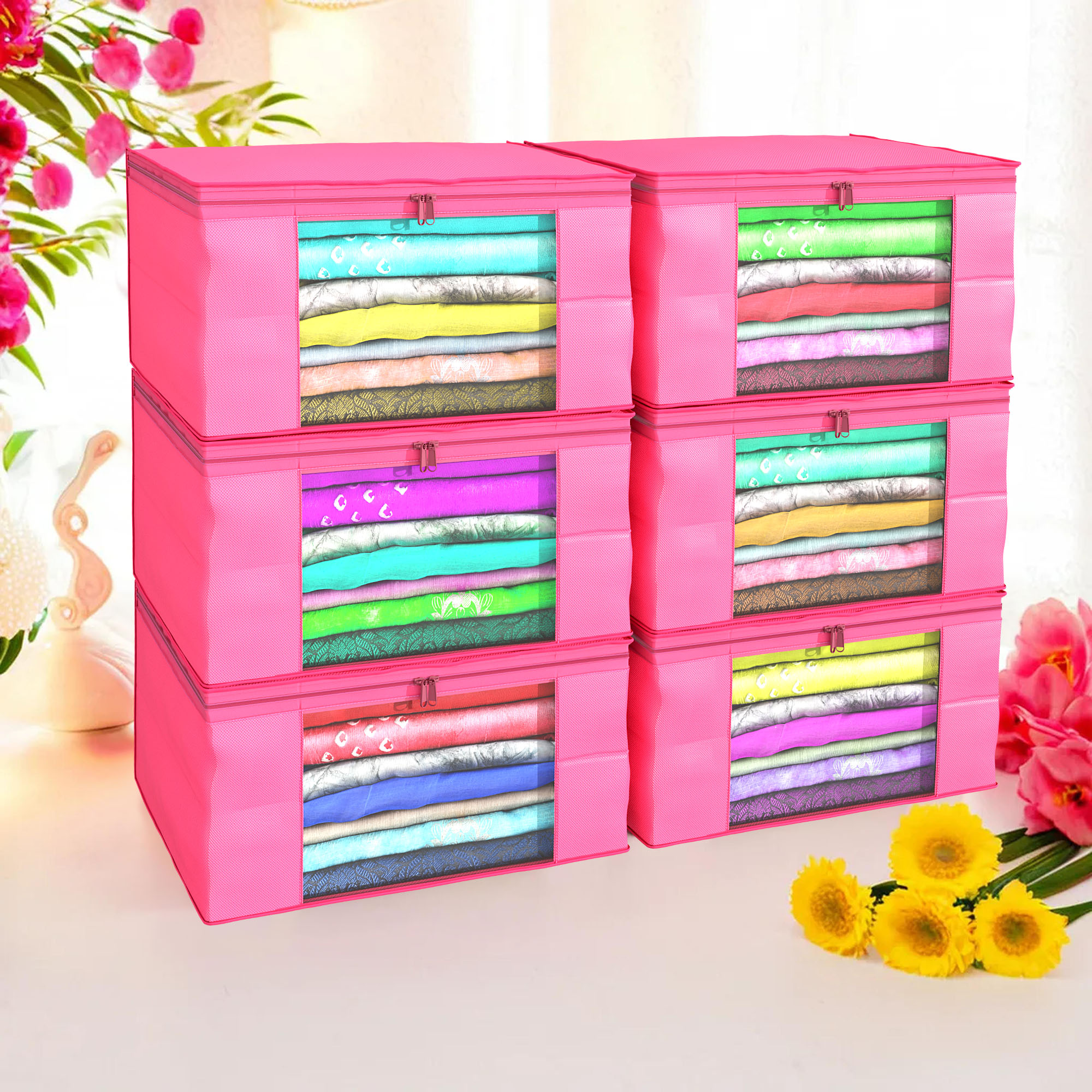 Kuber Industries Pack of 4 Saree Covers  Non-Woven Saree Bags 9 Inch Clothes Bag for Women  Foldable Storage Bag for Almirah  Wardrobe Organizer  Sari Cover Bags  Pink