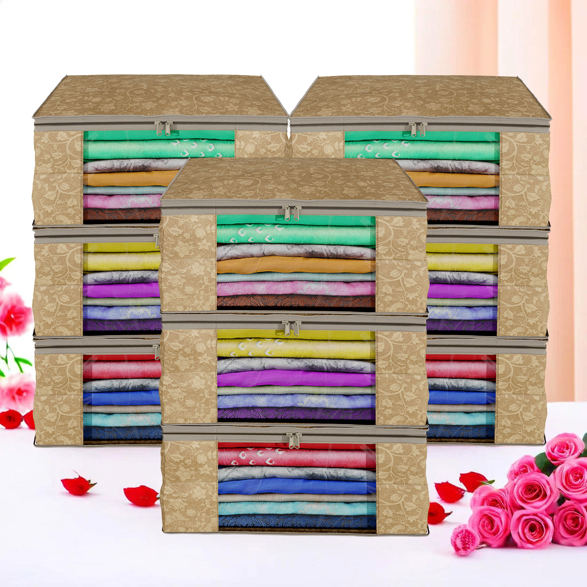 Kuber Industries Pack of 4 Saree Covers  Non-Woven Saree Bags 9 Inch Clothes Bag for Women  Foldable Storage Bag for Almirah  Wardrobe New Flower Sari Cover Bags  Brown