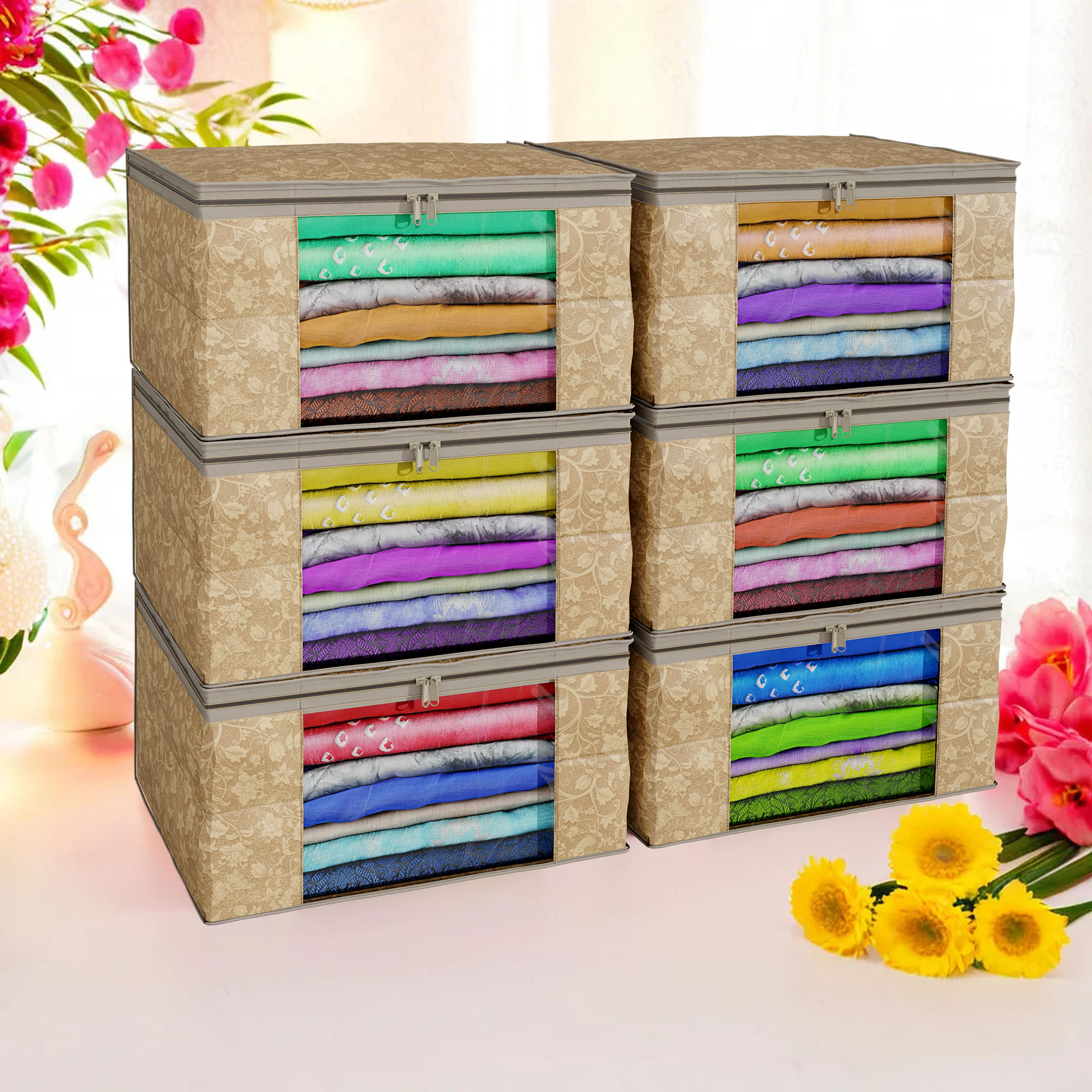 Kuber Industries Pack of 4 Saree Covers  Non-Woven Saree Bags 9 Inch Clothes Bag for Women  Foldable Storage Bag for Almirah  Wardrobe New Flower Sari Cover Bags  Brown