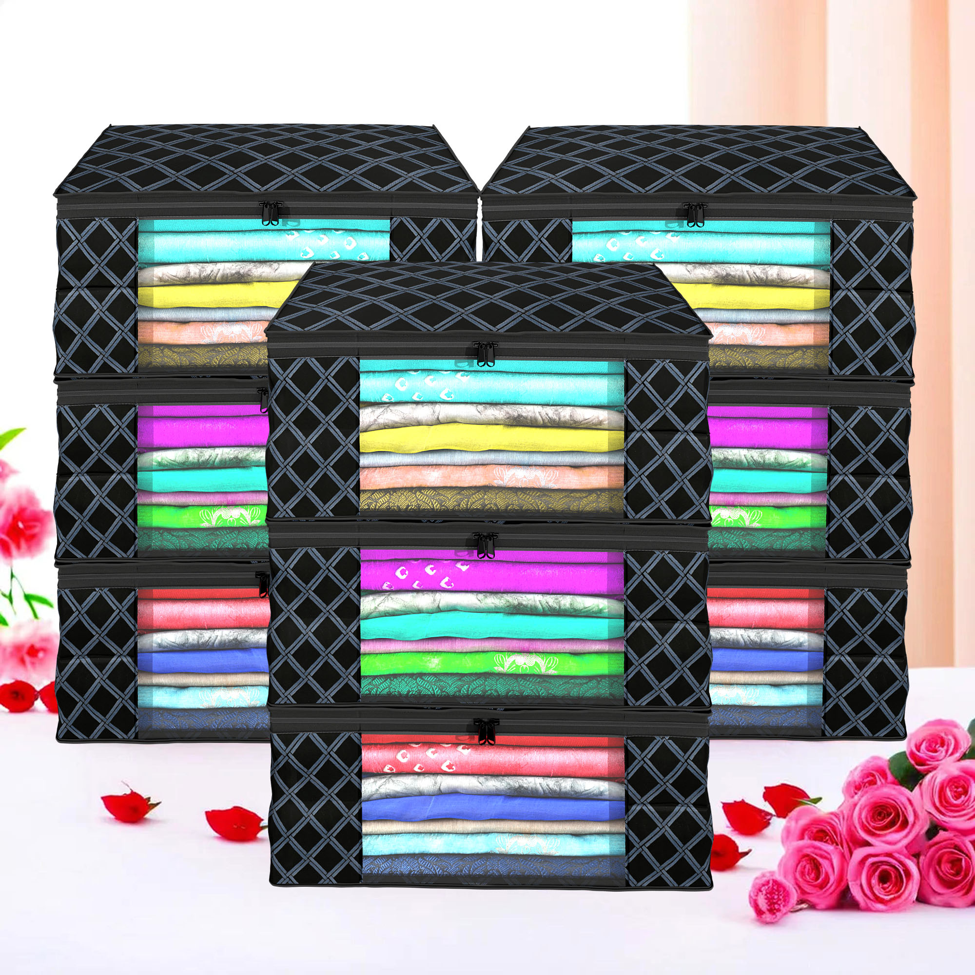 Kuber Industries Pack of 4 Saree Covers  Non-Woven Saree Bags 9 Inch Clothes Bag for Women  Foldable Storage Bag for Almirah  Wardrobe Check Print Sari Cover Bags  Black