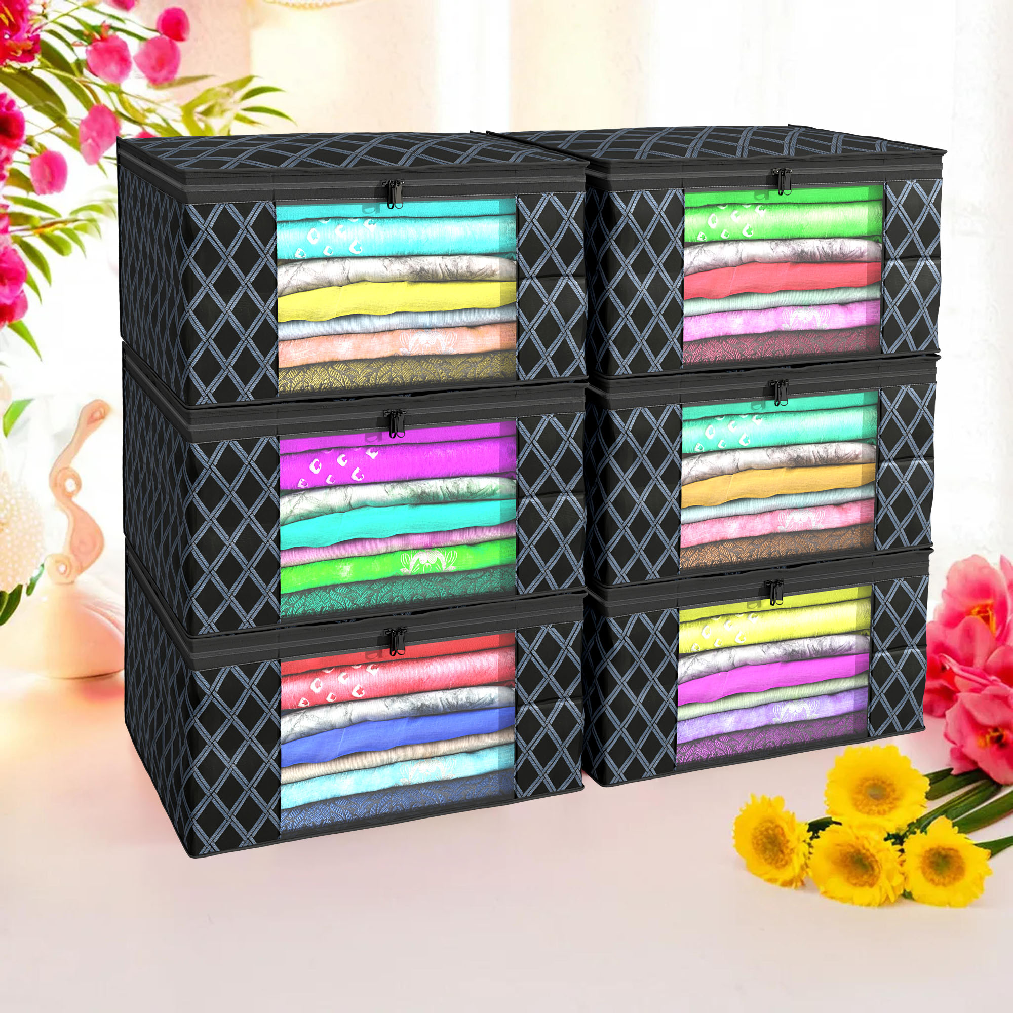 Kuber Industries Pack of 4 Saree Covers  Non-Woven Saree Bags 9 Inch Clothes Bag for Women  Foldable Storage Bag for Almirah  Wardrobe Check Print Sari Cover Bags  Black