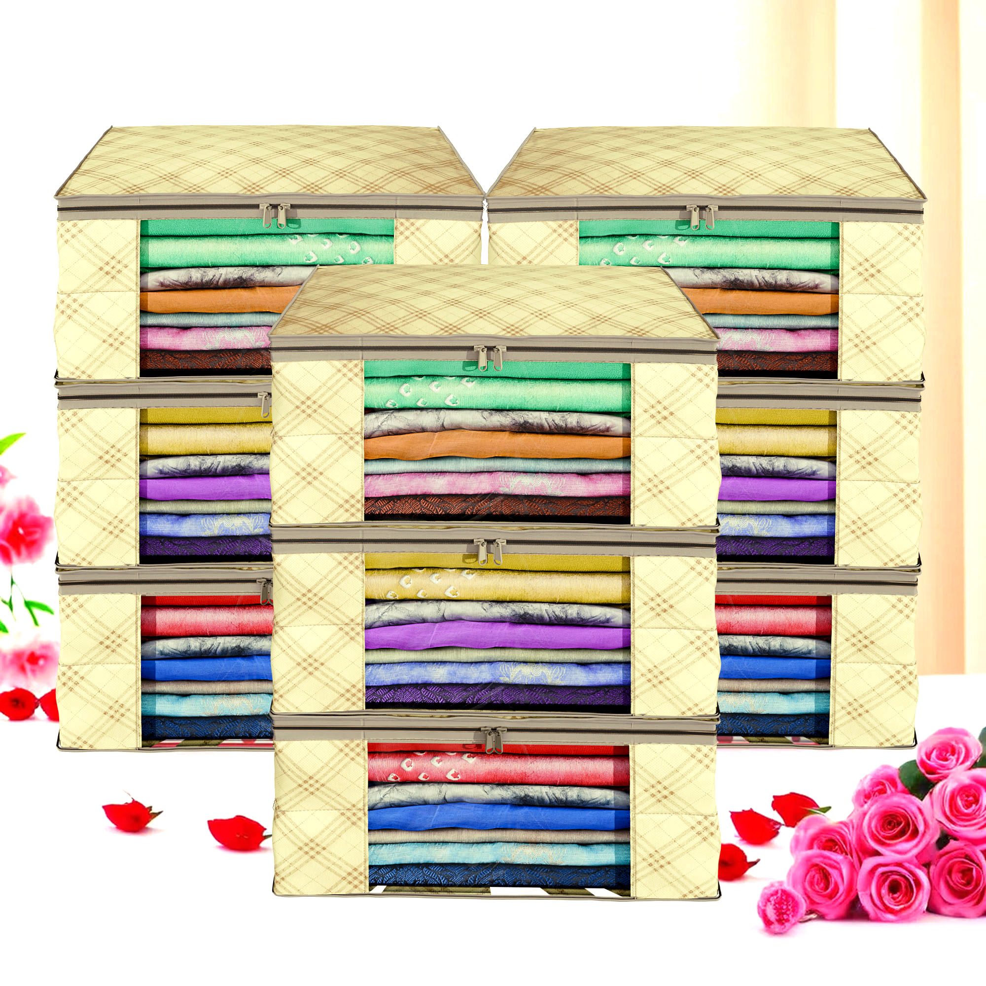 Kuber Industries Pack of 4 Saree Covers  Non-Woven Saree Bags 9 Inch Clothes Bag for Women  Foldable Storage Bag for Almirah  Wardrobe Check Print Sari Cover Bags  Cream