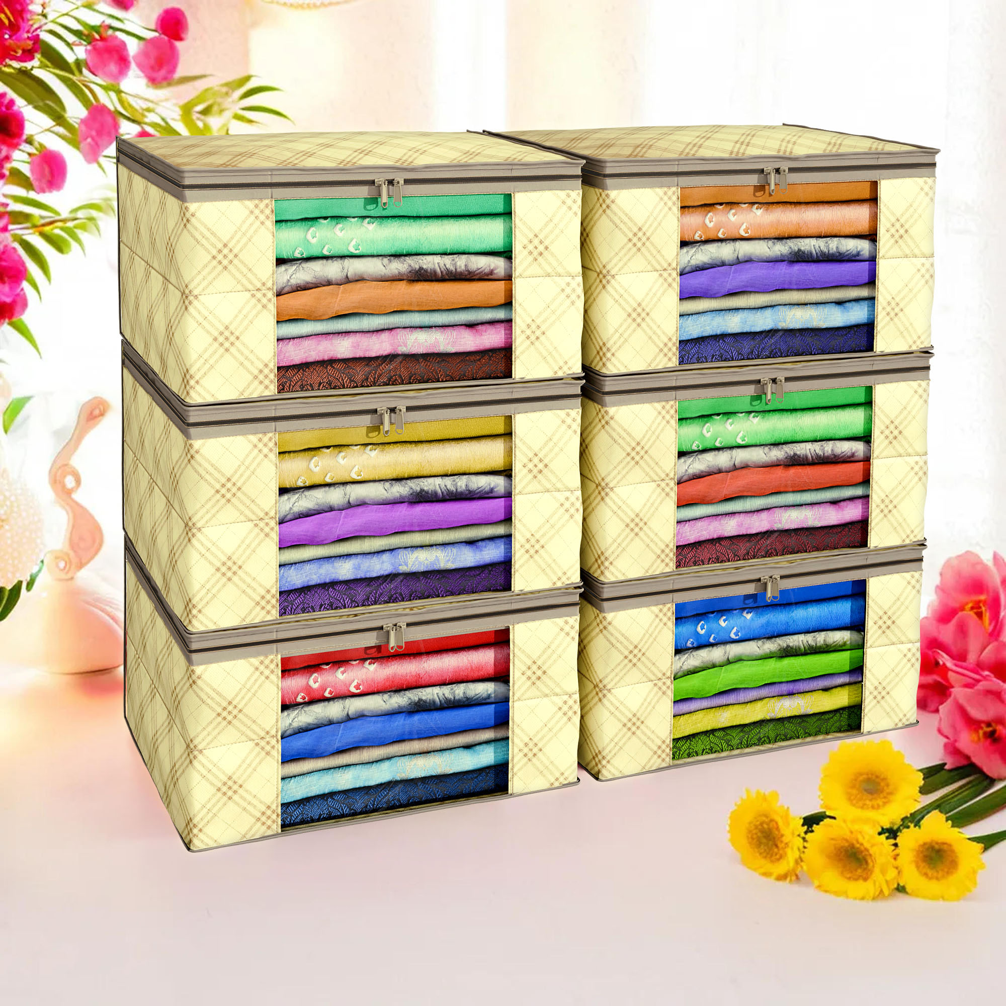 Kuber Industries Pack of 4 Saree Covers  Non-Woven Saree Bags 9 Inch Clothes Bag for Women  Foldable Storage Bag for Almirah  Wardrobe Check Print Sari Cover Bags  Cream