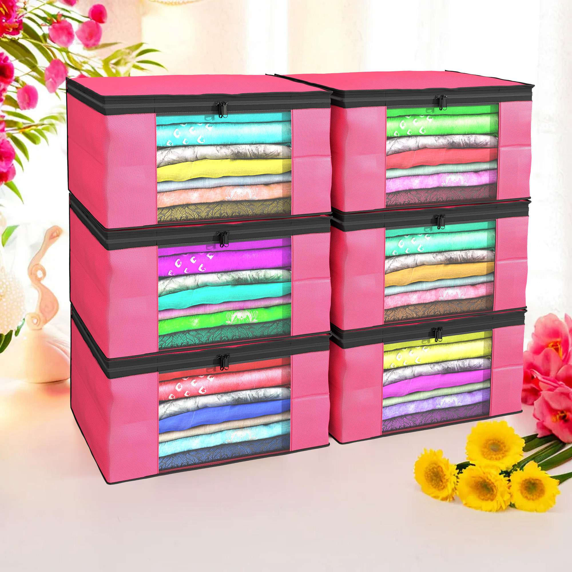 Kuber Industries Pack of 4 Saree Covers  Non-Woven Saree Bags 9 Inch Clothes Bag for Women  Foldable Storage Bag for Almirah  Wardrobe Black Piping Sari Cover Bags  Pink