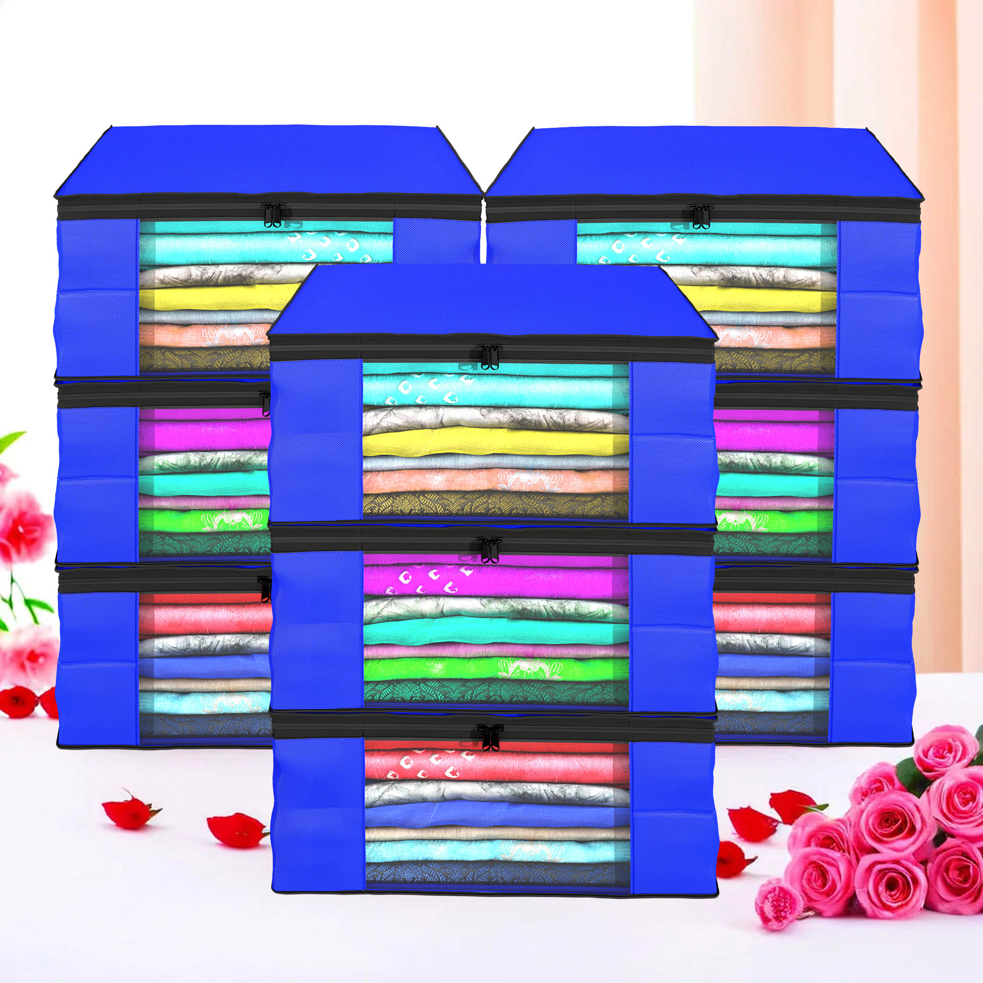 Kuber Industries Pack of 4 Saree Covers  Non-Woven Saree Bags 9 Inch Clothes Bag for Women  Foldable Storage Bag for Almirah  Wardrobe Black Piping Sari Cover Bags  Blue