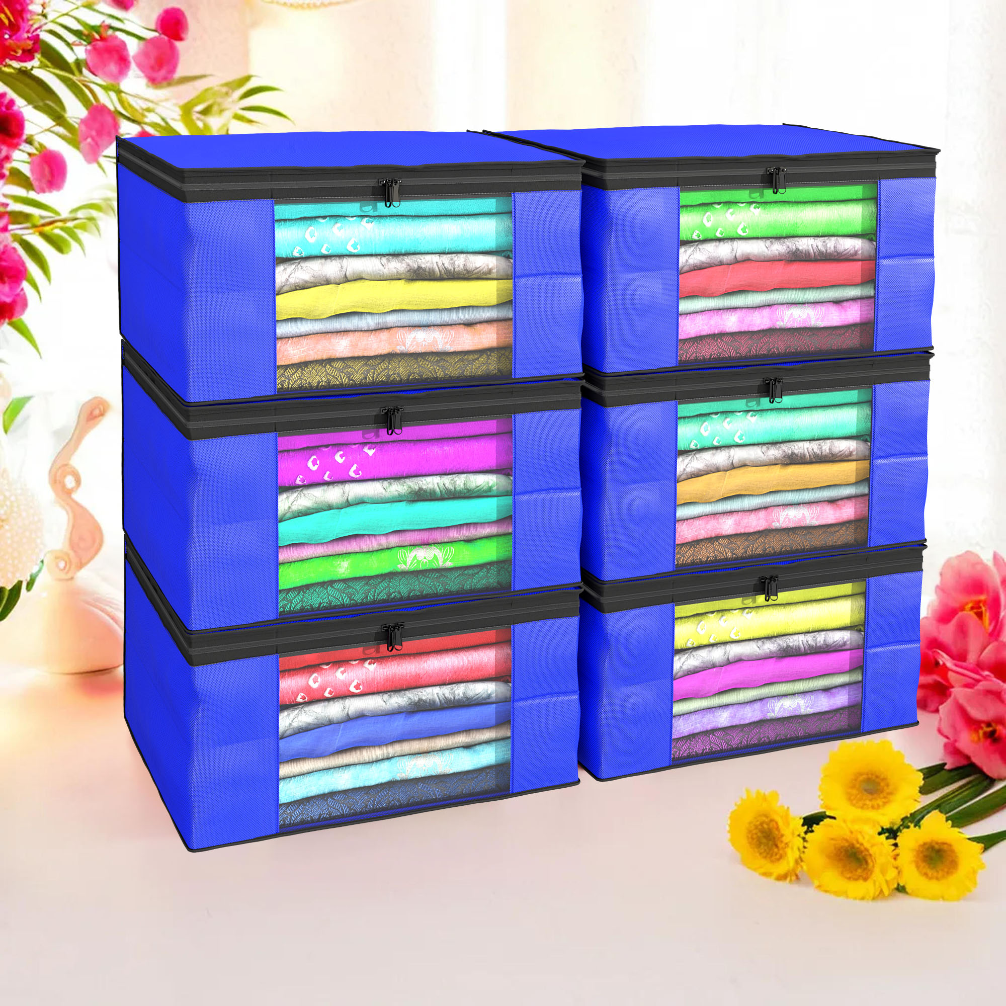 Kuber Industries Pack of 4 Saree Covers  Non-Woven Saree Bags 9 Inch Clothes Bag for Women  Foldable Storage Bag for Almirah  Wardrobe Black Piping Sari Cover Bags  Blue