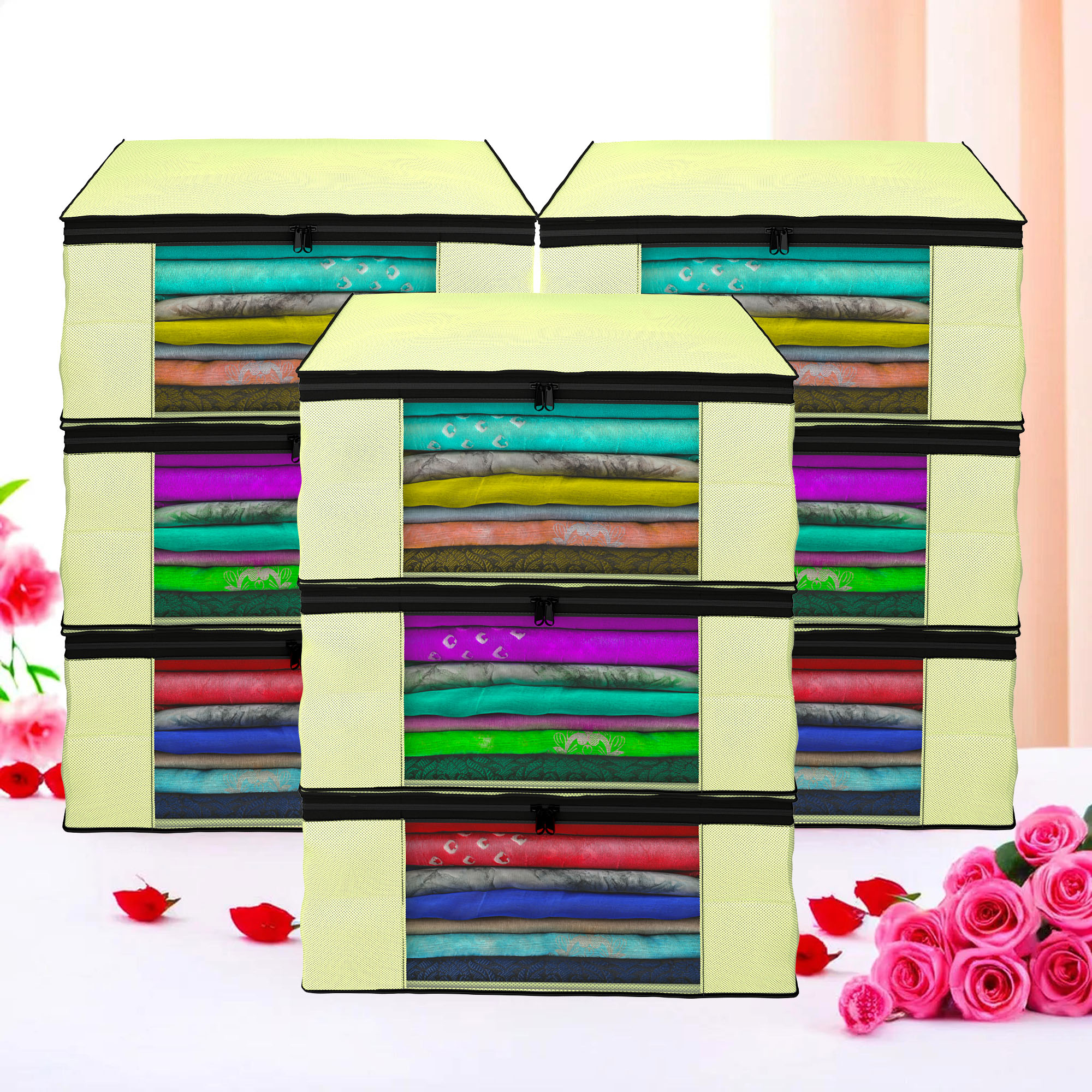 Kuber Industries Pack of 4 Saree Covers  Non-Woven Saree Bags 9 Inch Clothes Bag for Women  Foldable Storage Bag for Almirah  Wardrobe Black Piping Sari Cover Bags  Cream