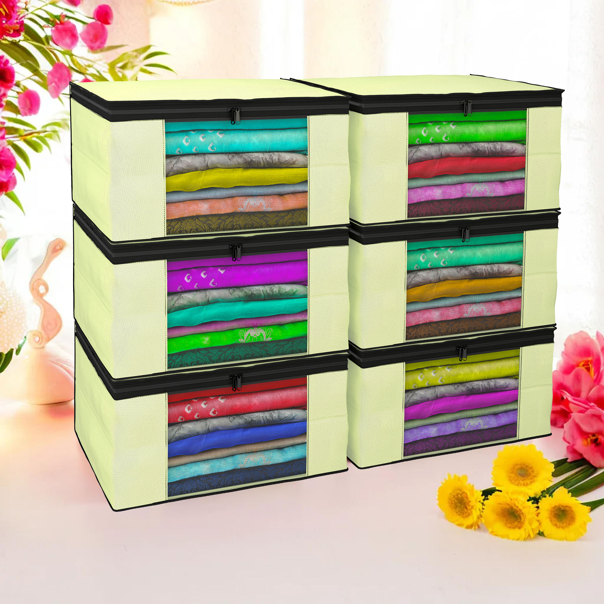 Kuber Industries Pack of 4 Saree Covers  Non-Woven Saree Bags 9 Inch Clothes Bag for Women  Foldable Storage Bag for Almirah  Wardrobe Black Piping Sari Cover Bags  Cream