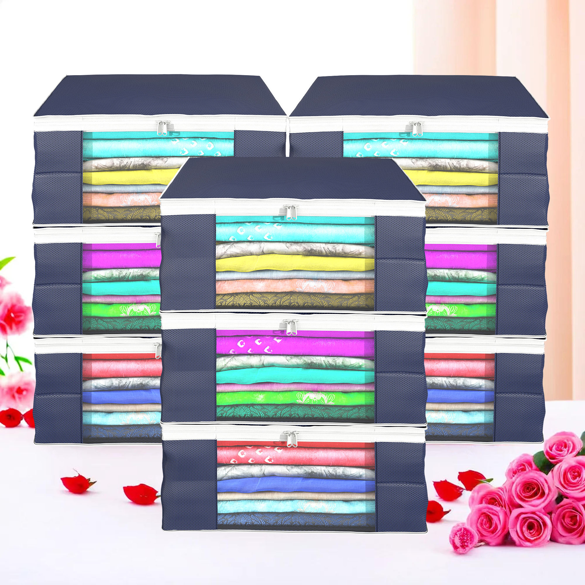 Kuber Industries Pack of 4 Saree Covers  Non-Woven Saree Bags 9 Inch Clothes Bag for Women  Foldable Storage Bag for Almirah  Wardrobe White Piping Sari Cover Bags  Grey