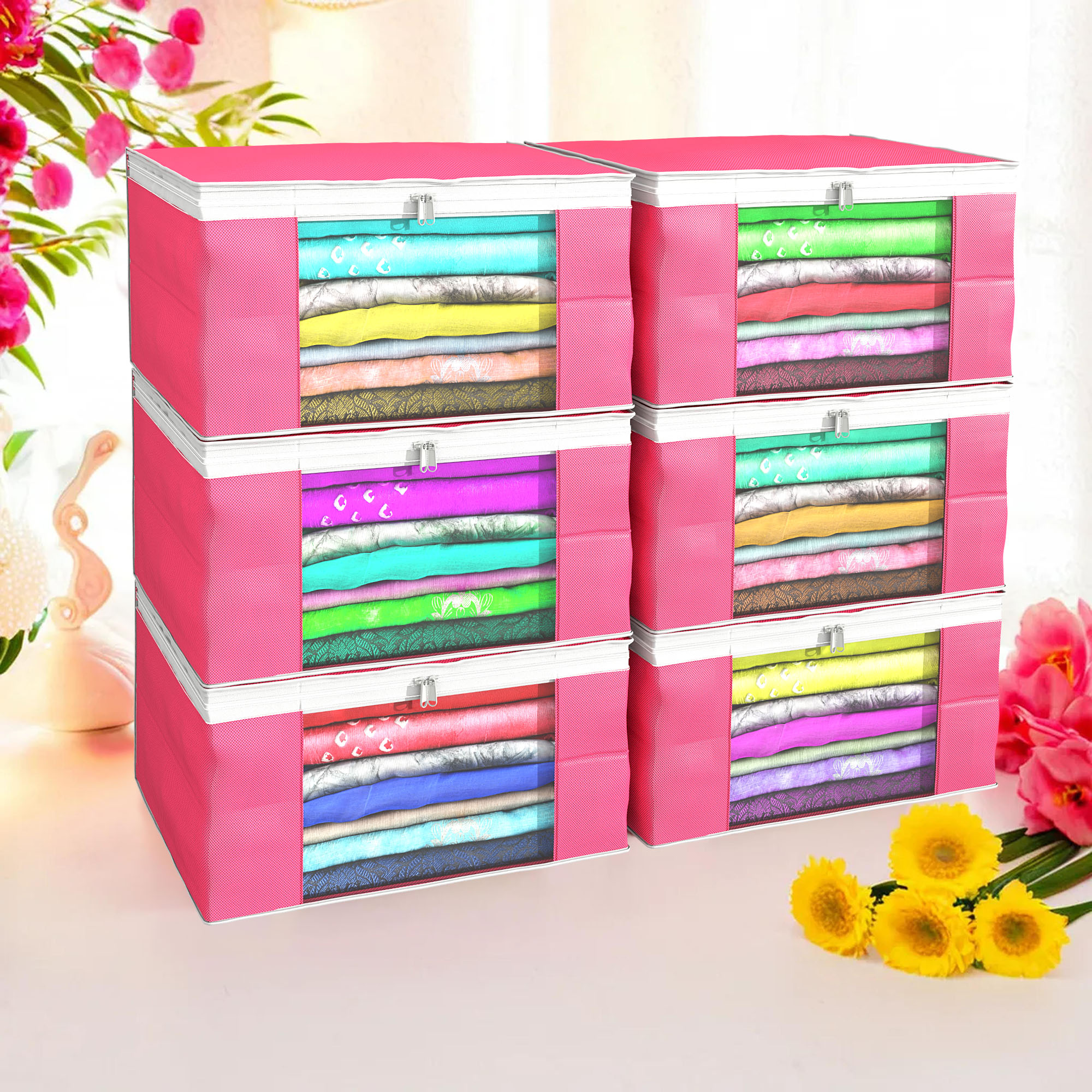 Kuber Industries Pack of 4 Saree Covers  Non-Woven Saree Bags 9 Inch Clothes Bag for Women  Foldable Storage Bag for Almirah  Wardrobe White Piping Sari Cover Bags  Pink
