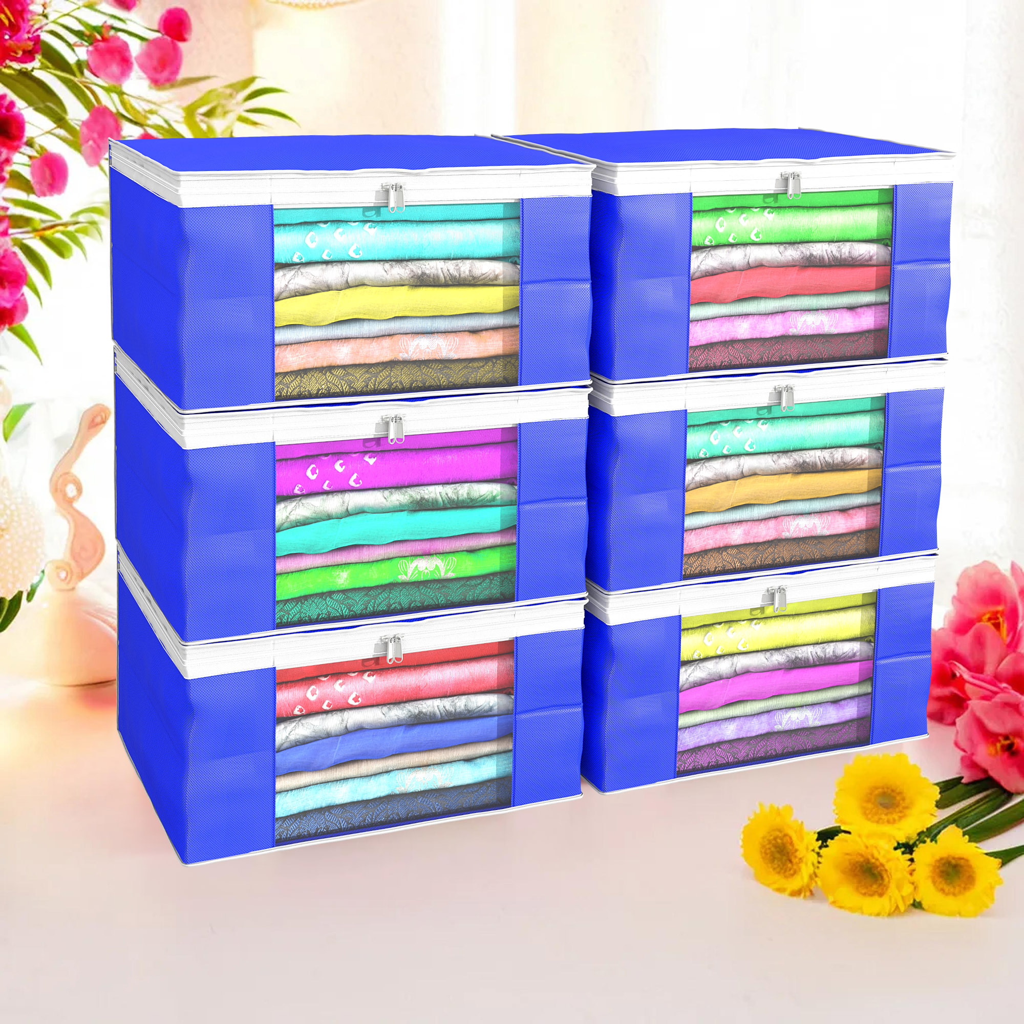 Kuber Industries Pack of 4 Saree Covers  Non-Woven Saree Bags 9 Inch Clothes Bag for Women  Foldable Storage Bag for Almirah  Wardrobe White Piping Sari Cover Bags  Blue