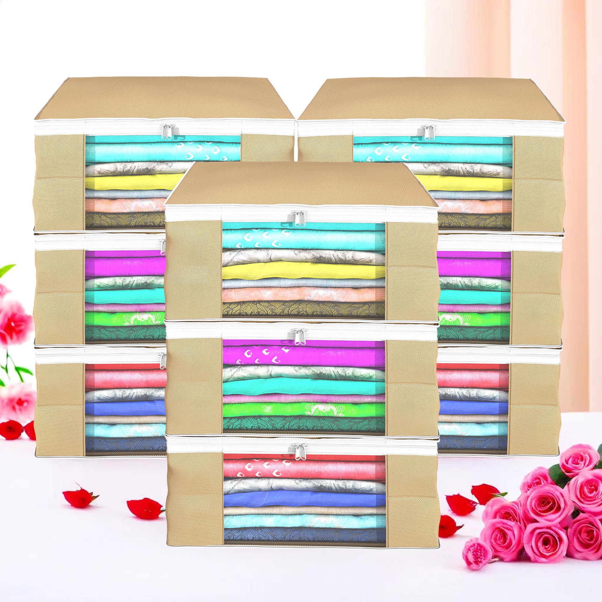 Kuber Industries Pack of 4 Saree Covers  Non-Woven Saree Bags 9 Inch Clothes Bag for Women  Foldable Storage Bag for Almirah  Wardrobe White Piping Sari Cover Bags  Brown