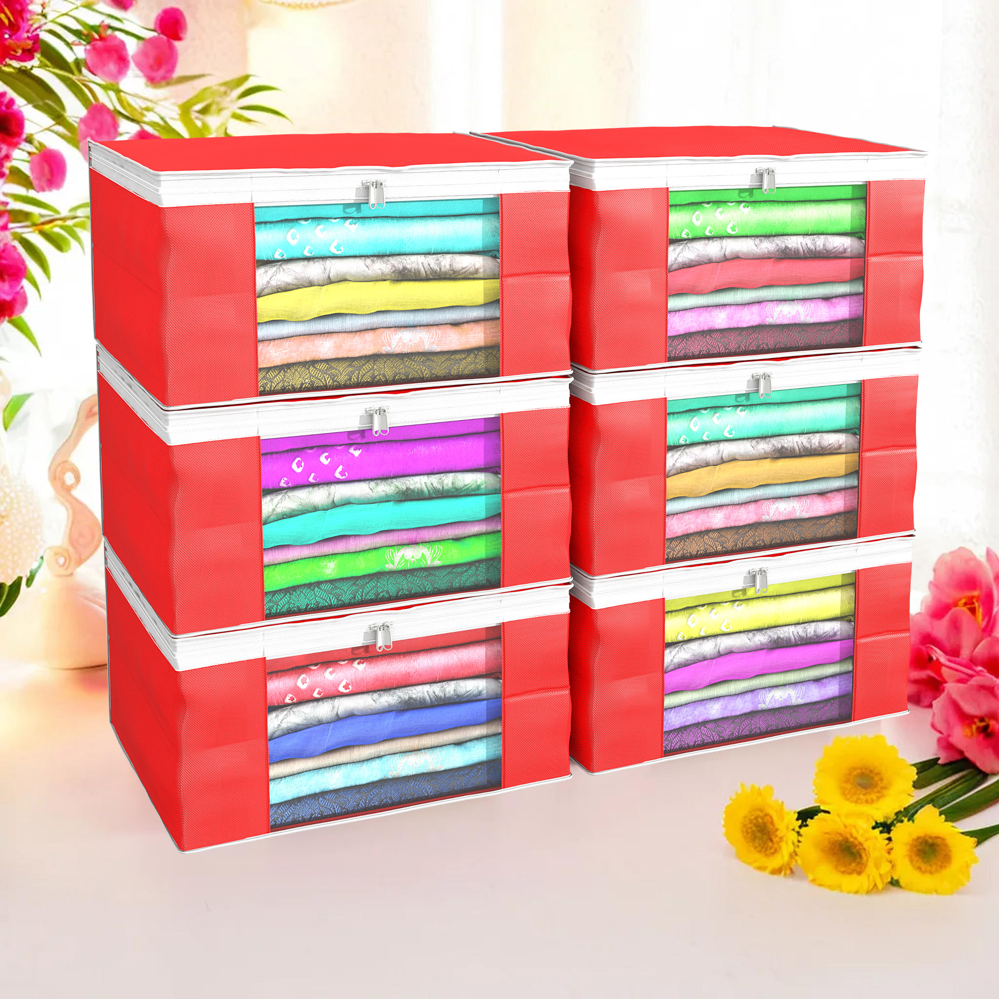 Kuber Industries Pack of 4 Saree Covers  Non-Woven Saree Bags 9 Inch Clothes Bag for Women  Foldable Storage Bag for Almirah  Wardrobe White Piping Sari Cover Bags  Red