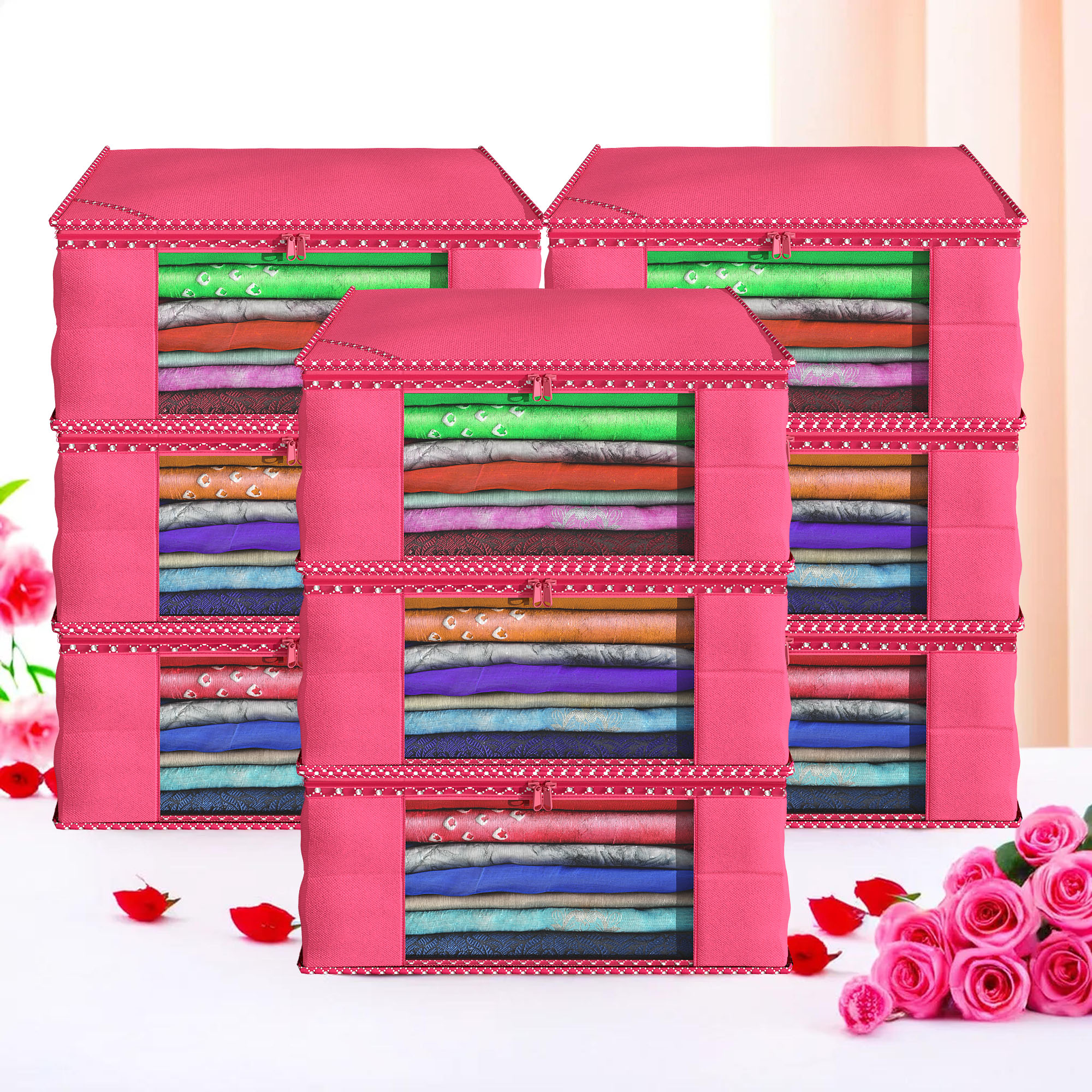 Kuber Industries Pack of 4 Saree Covers  Non-Woven Saree Bags 9 Inch Clothes Bag for Women  Foldable Storage Bag for Almirah  Wardrobe Hathkadi Piping Sari Cover Bags  Pink